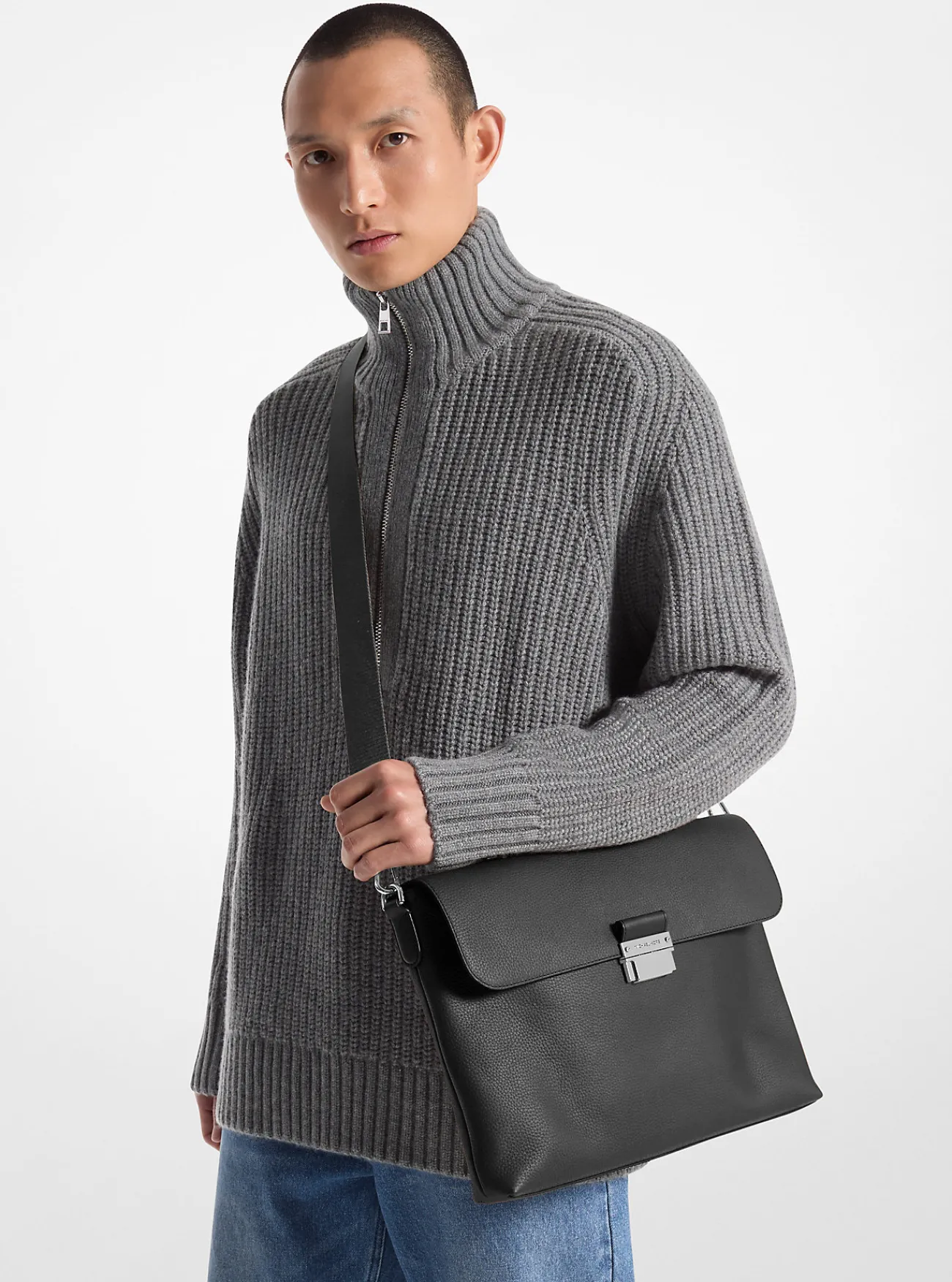 Michael Kors Aktetas Hudson van getrommeld leer ZWART Outlet