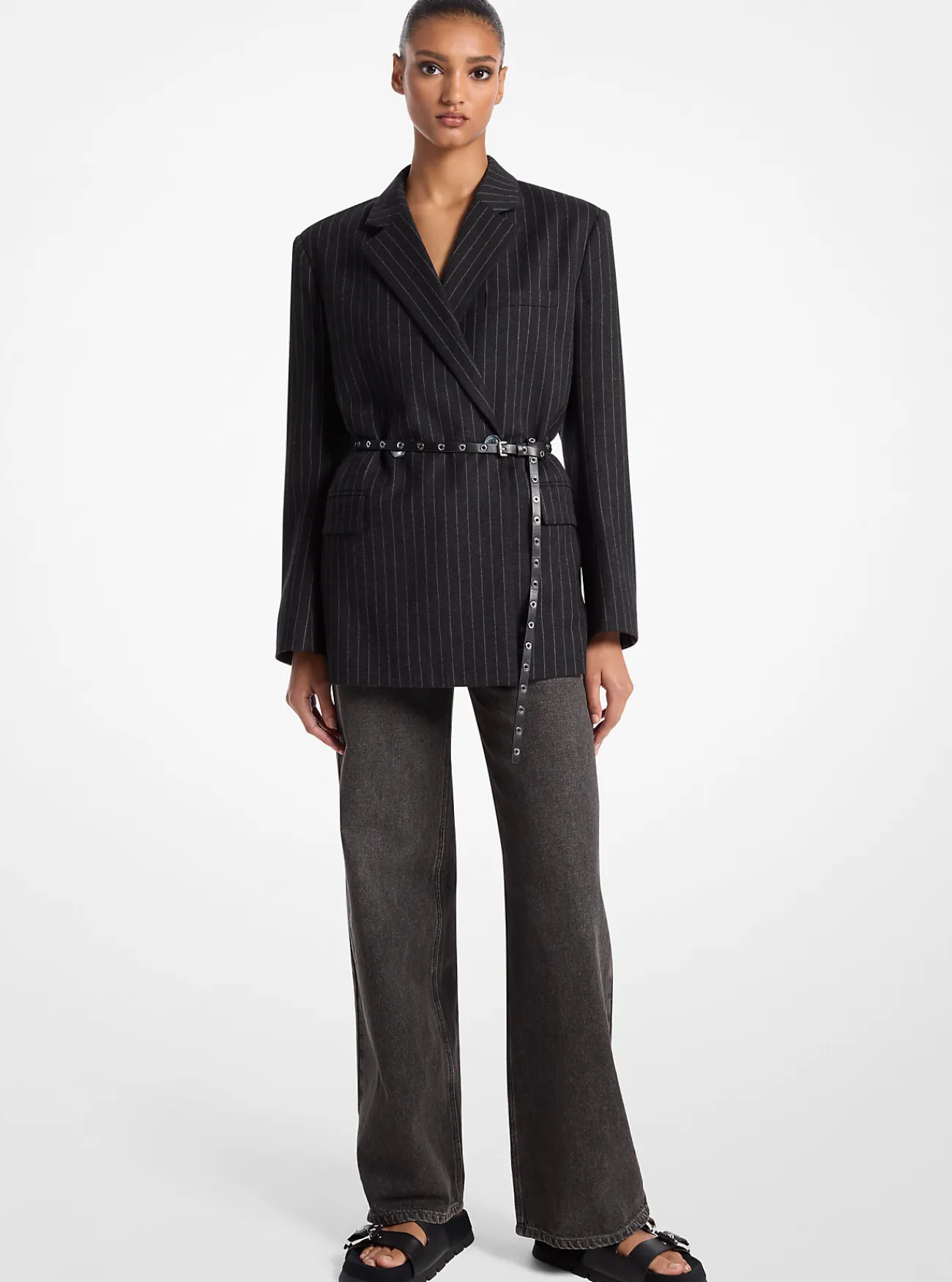 Michael Kors Blazer van wolmix met dubbele knopenrij en riem, gestreept CHARCOALHEATHER Clearance