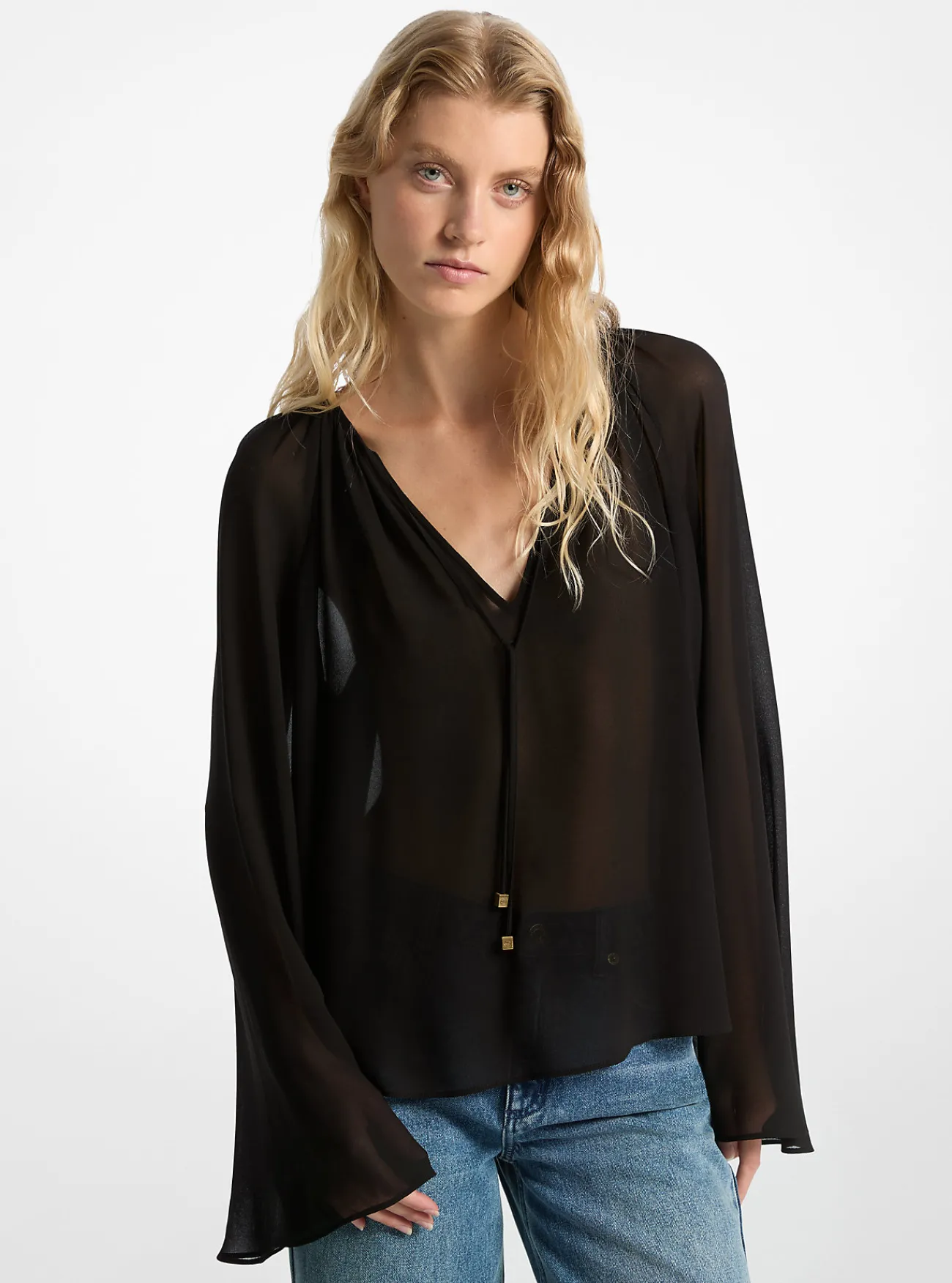 Michael Kors Blouse van cr&ecirc;pe georgette met V-hals ZWART Outlet