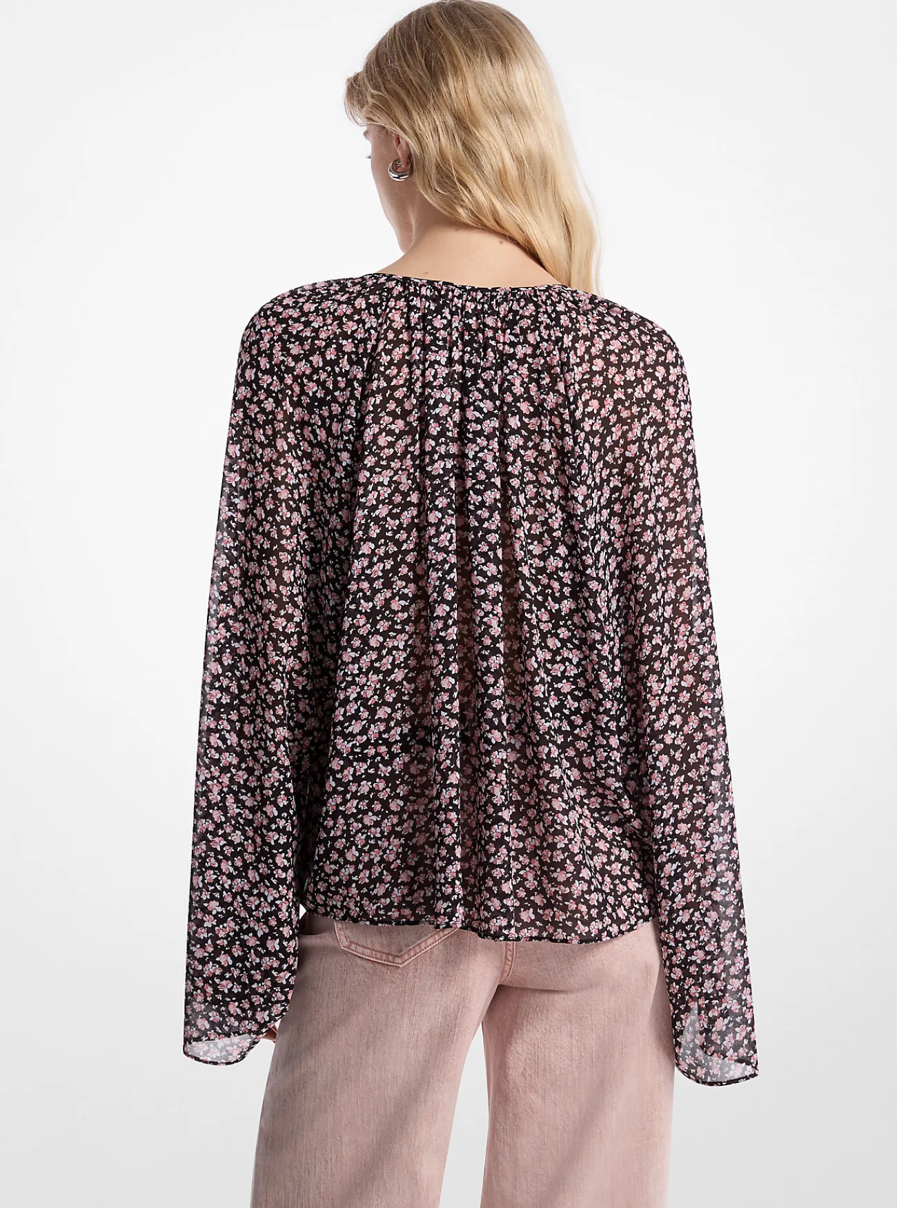 Michael Kors Blouse van cr&ecirc;pe georgette met bloemenprint en uitlopende mouwen OUDROZE Outlet