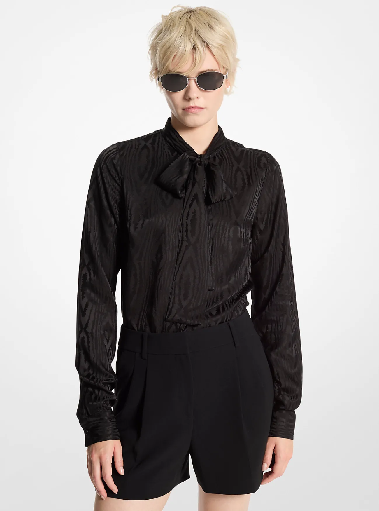 Michael Kors Blouse van moir&eacute; met strik in de hals ZWART Fashion