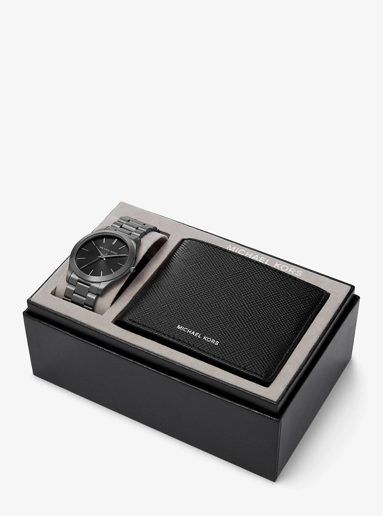 Michael Kors Cadeauset met horloge Slim Runway, oversized en , en portefeuille Jet Set Charm van leer STAALGRIJS Discount