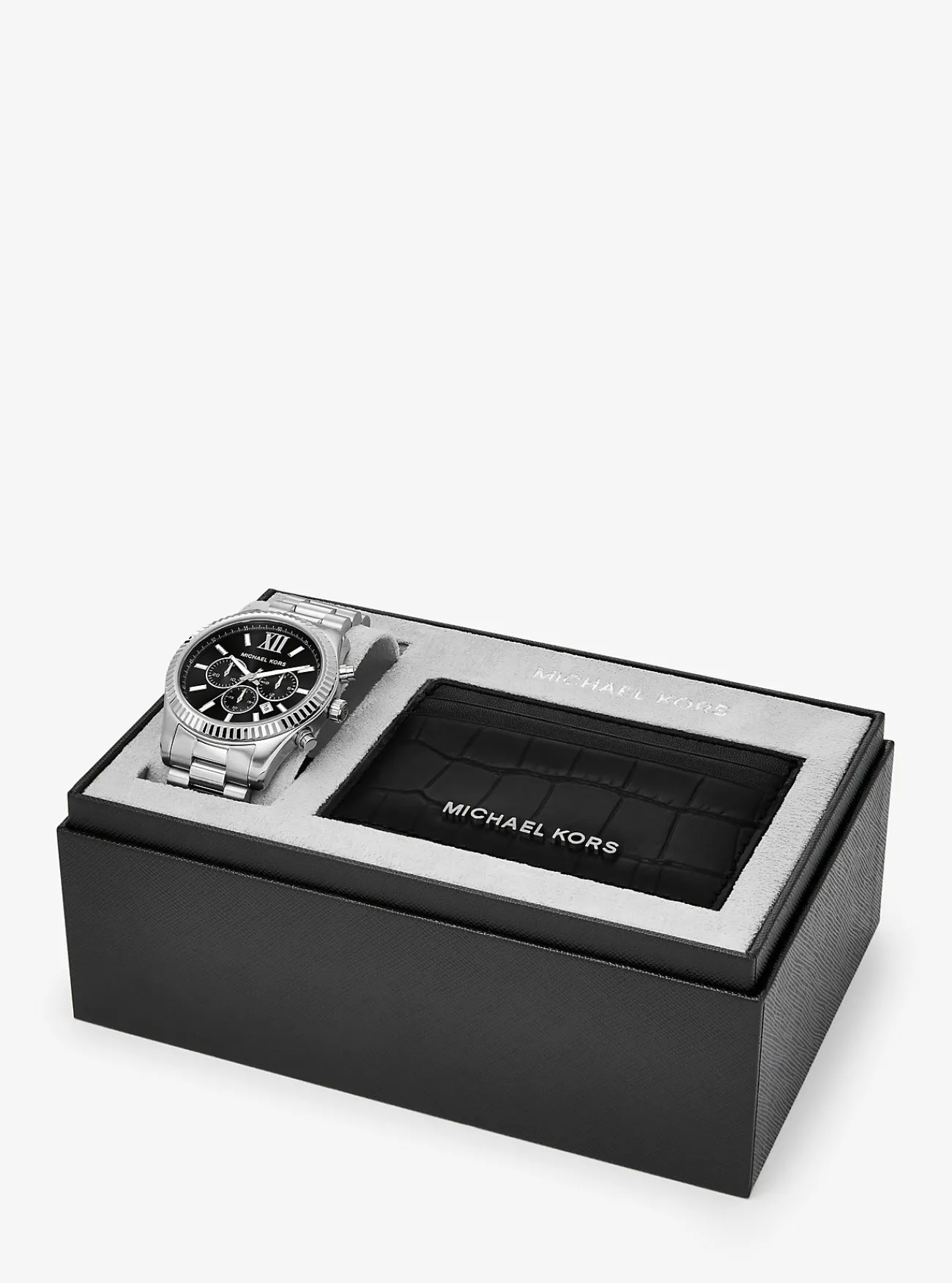 Michael Kors Cadeauset met kleurig oversized horloge Lexington met bandje van leer met krokodillenprint in reliëf en kaarthouder ZILVER Hot