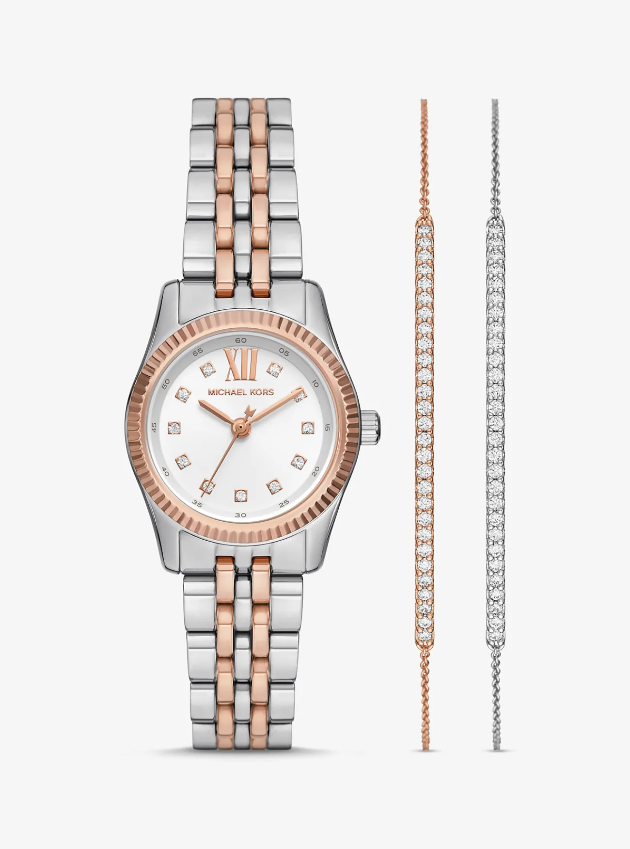 Michael Kors Cadeauset van armbanden met schuifsluiting en horloge Lexington, tweekleurig met siersteentjes ROS&Eacute;GOUD Online