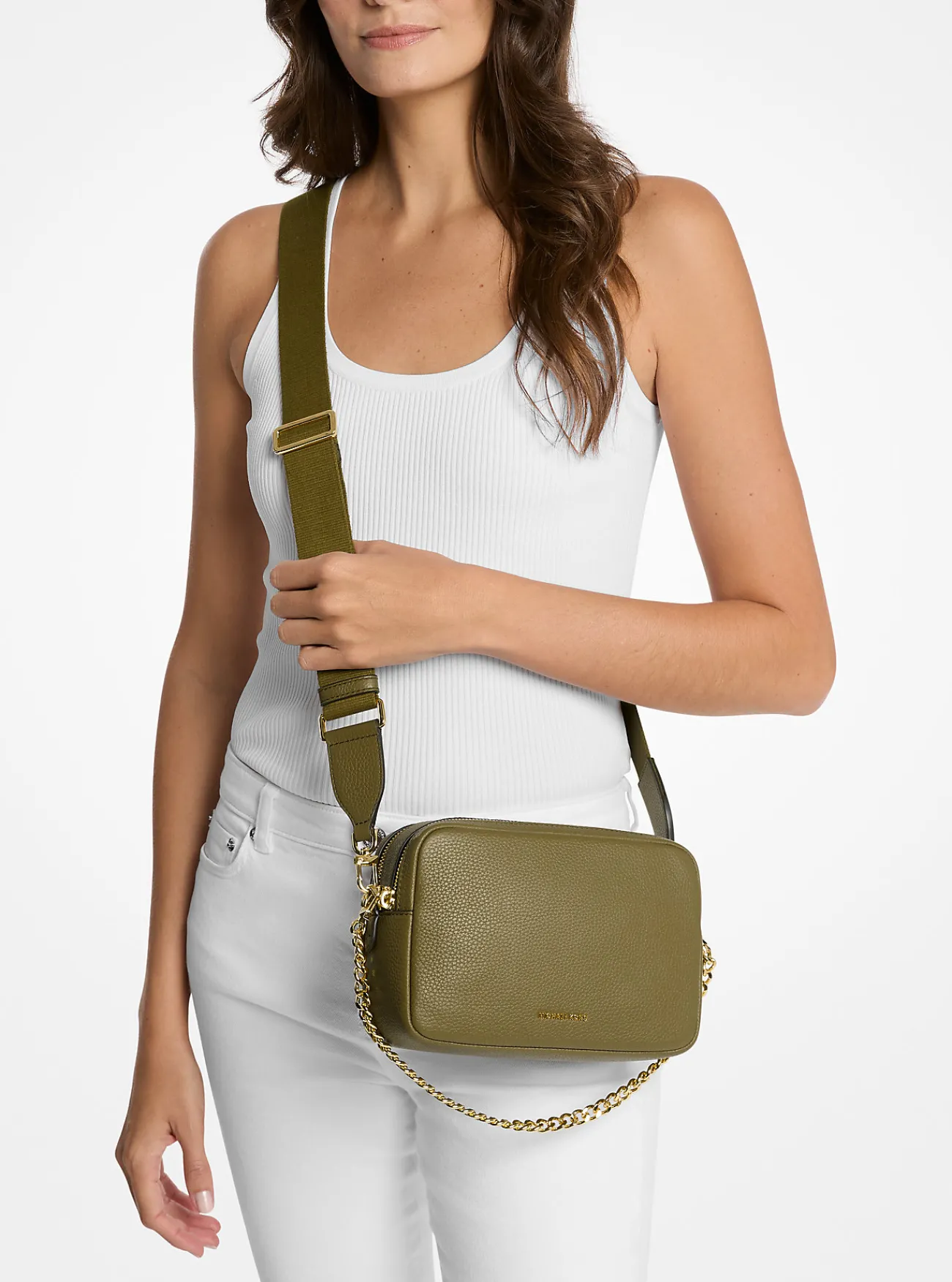 Michael Kors Cameracrossbodytas Bryant van getrommeld leer, middelgroot SAFARIGROEN Hot