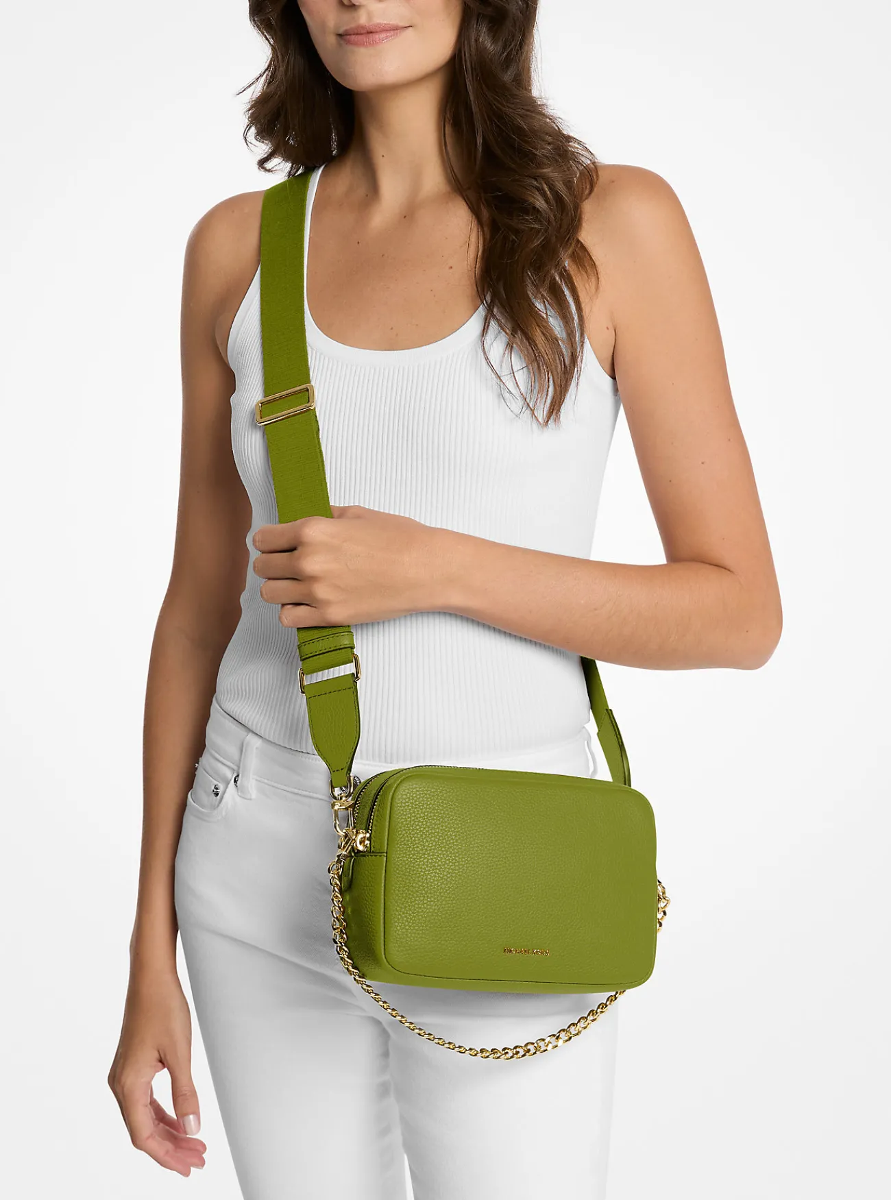 Michael Kors Cameracrossbodytas Bryant van getrommeld leer, middelgroot WEIDEGROEN Sale