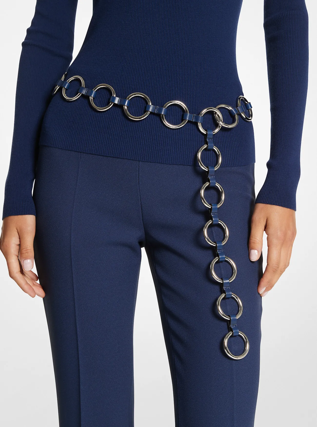 Michael Kors Ceintuur Marisa van zilverkleurige ringen en leer MARINEBLAUW Clearance