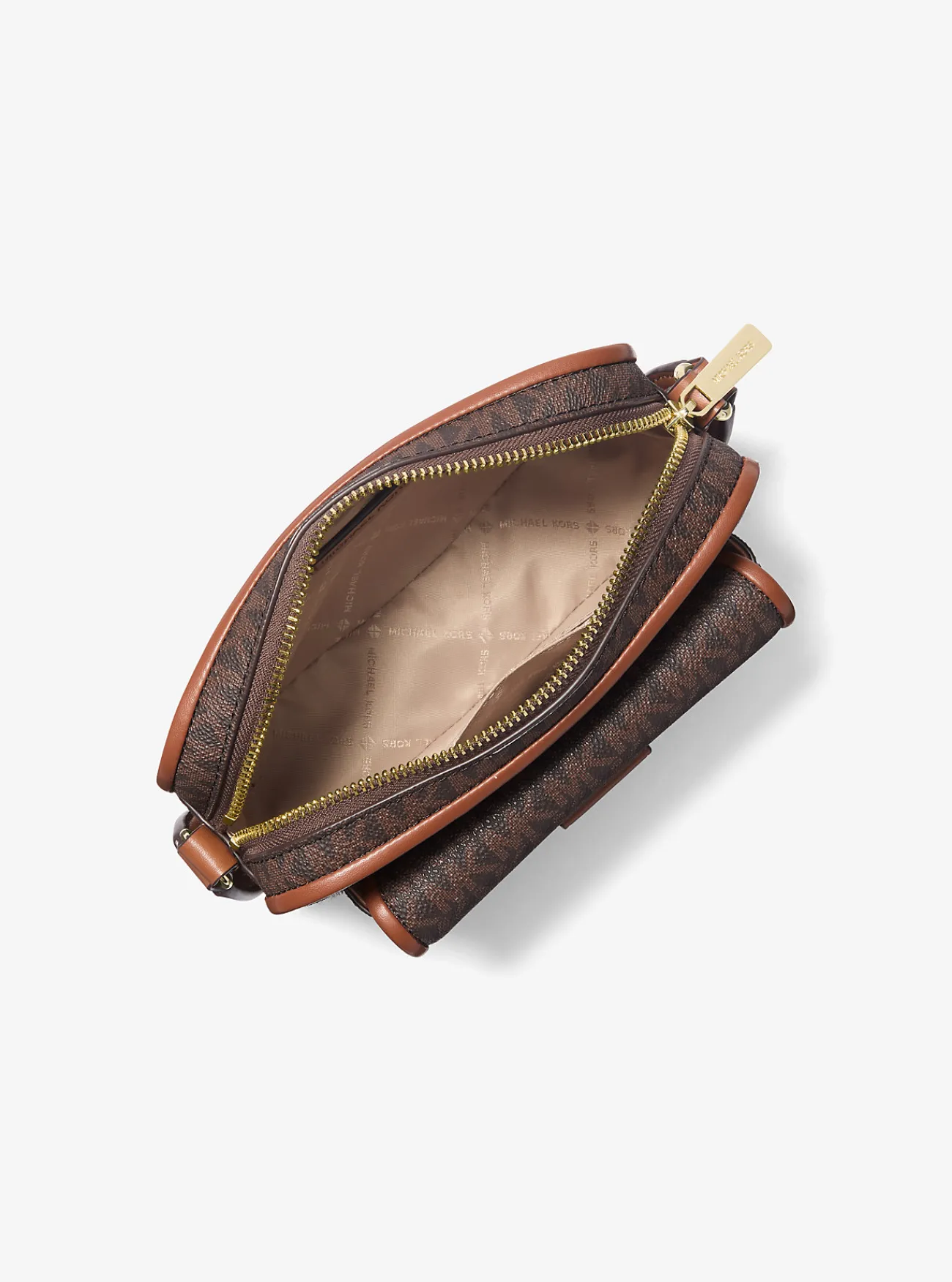 Michael Kors Crossbodycameratas Bradshaw met metallic kenmerkend logo, extra klein BRUIN Discount