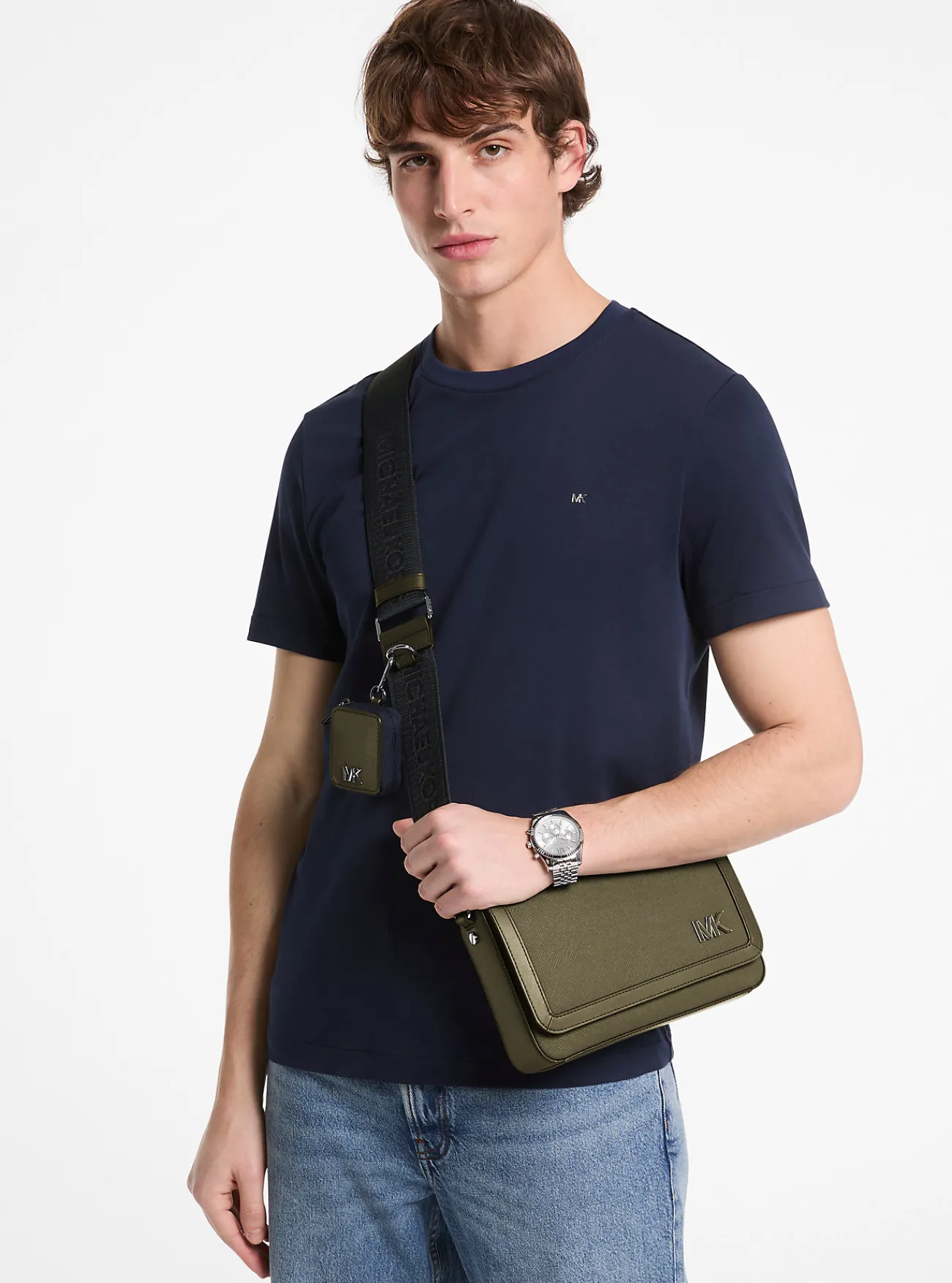 Michael Kors Crossbodytas Edison van leer met kruislingse nerf en tasje, mini SAFARIGROEN Hot