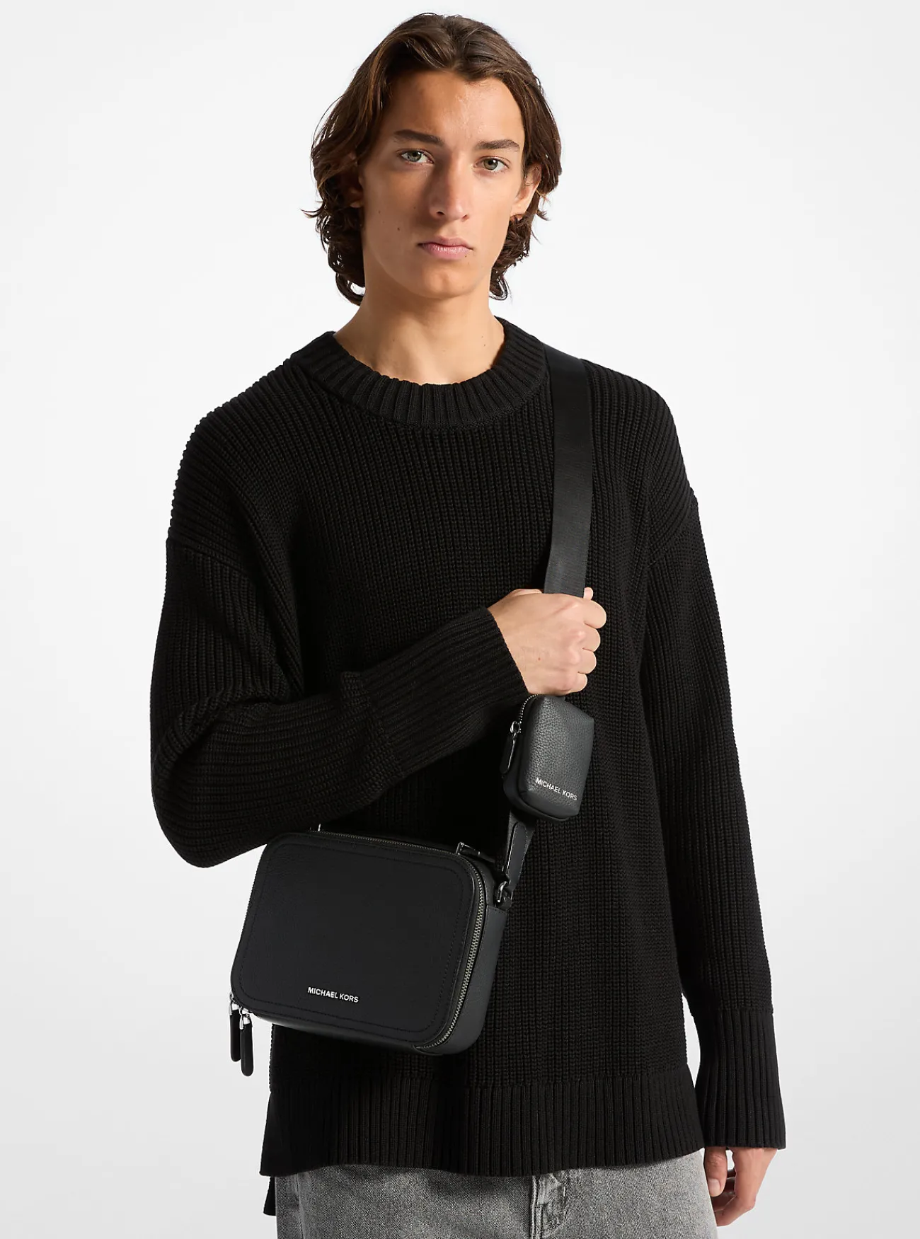 Michael Kors Crossbodytas Hudson van getrommeld leer ZWART Clearance