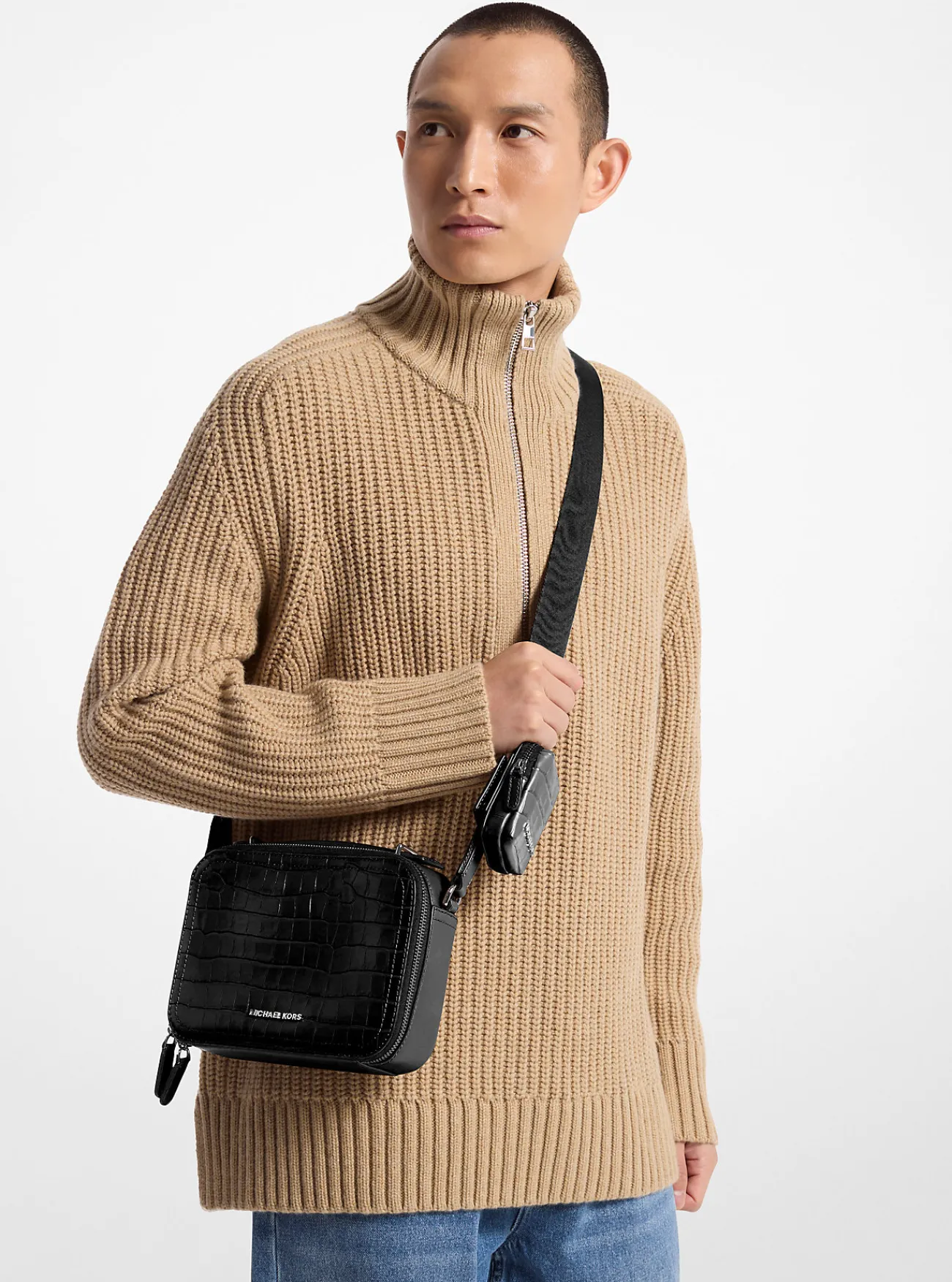 Michael Kors Crossbodytas Hudson van leer met krokodillenprint in reliëf ZWART Clearance