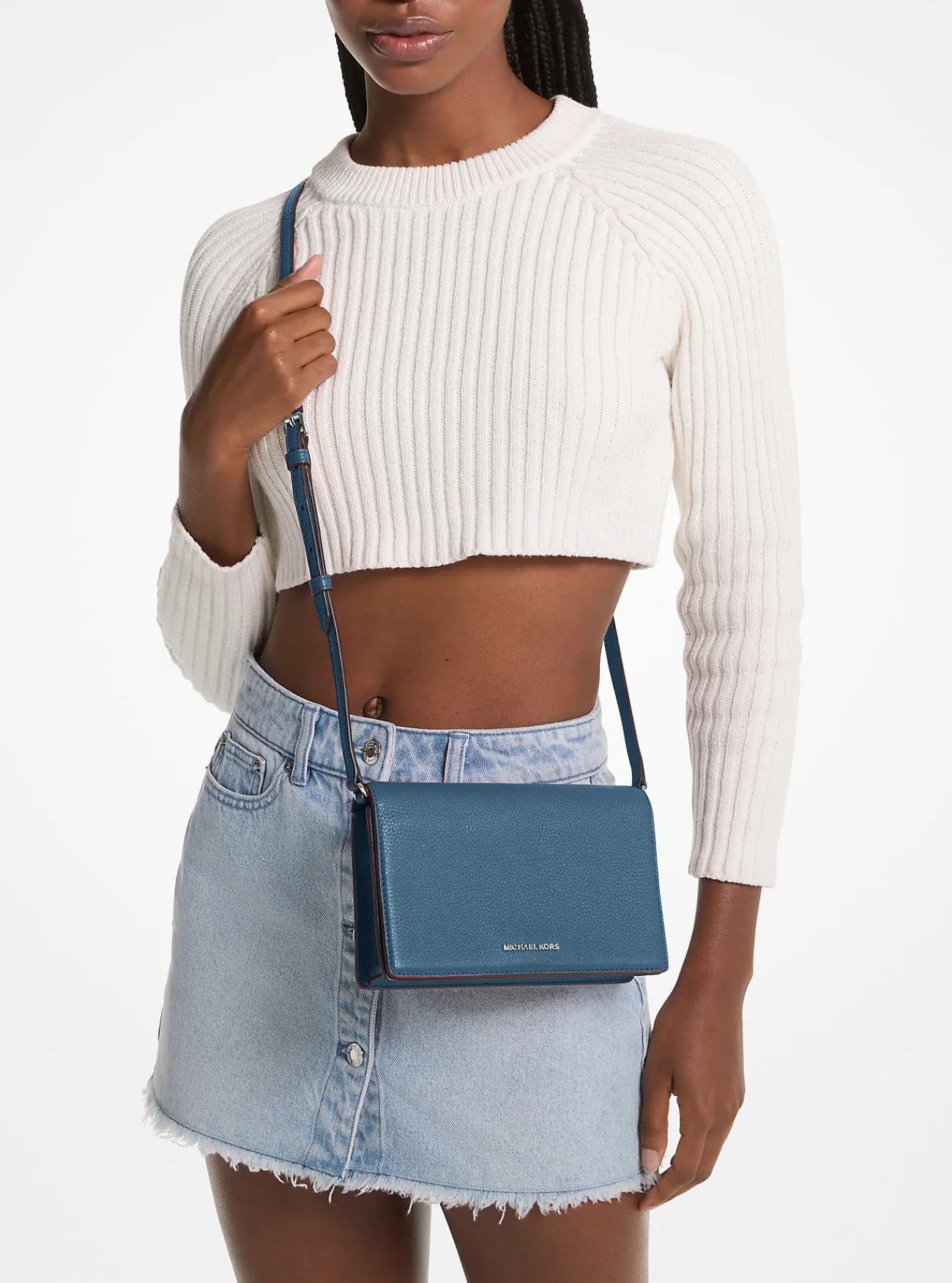 Michael Kors Crossbodytas Jet Set van getrommeld leer, middelgroot DONKERCHAMBRAY Sale