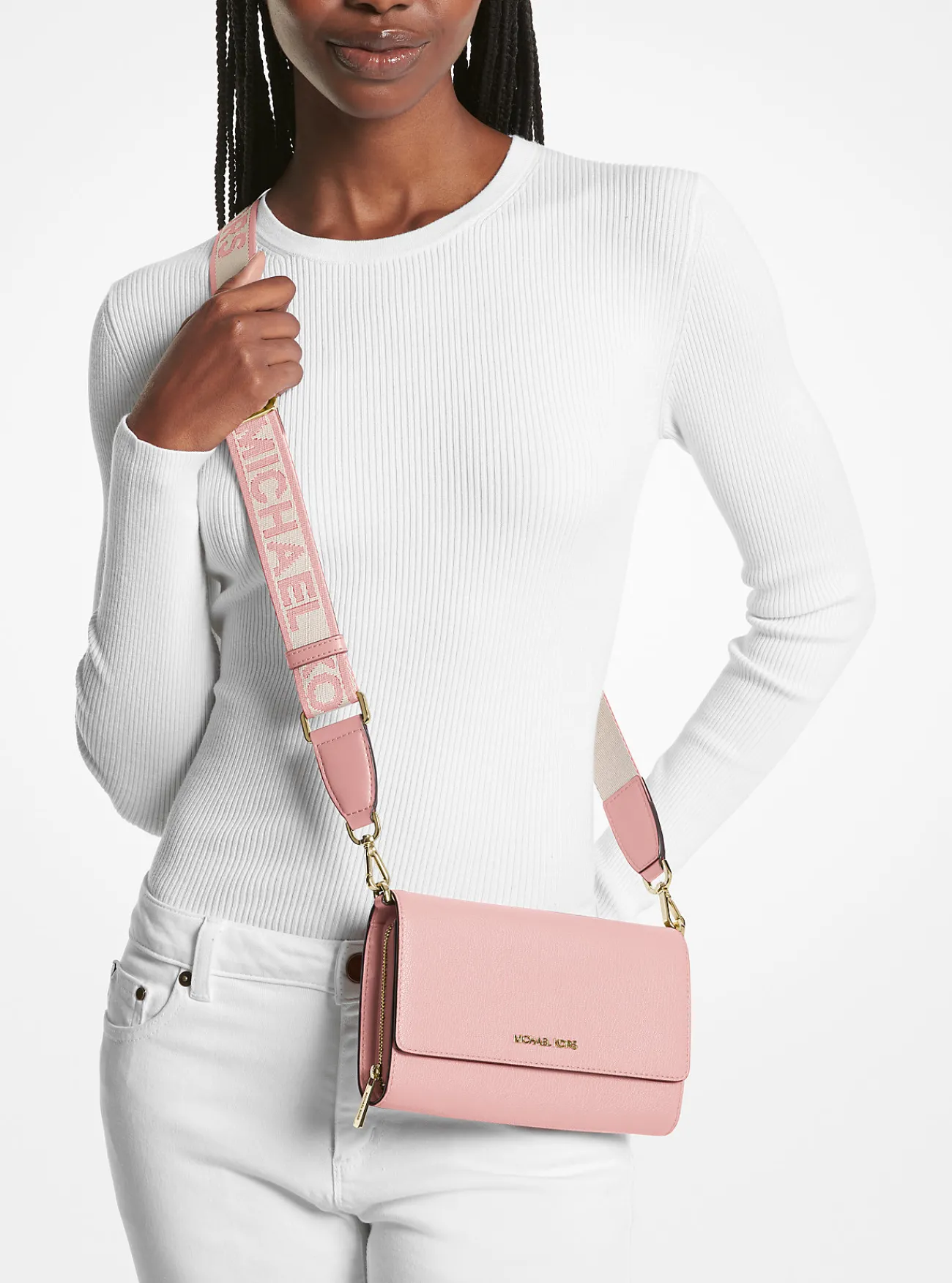 Michael Kors Crossbodytas Jet Set van leer, groot POEDERROZE Clearance