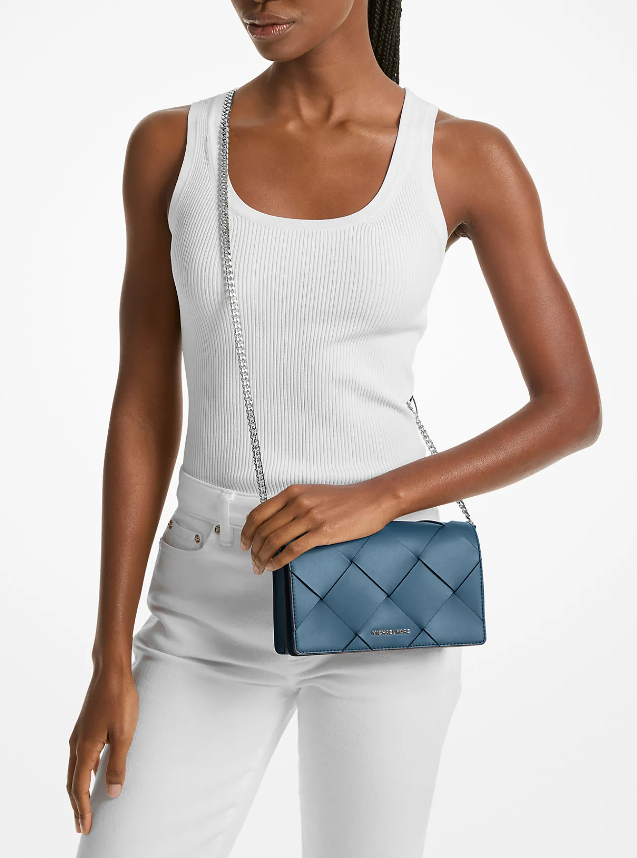 Michael Kors Crossbodytas Jet Set van geweven leer, middelgroot DONKERCHAMBRAY Outlet
