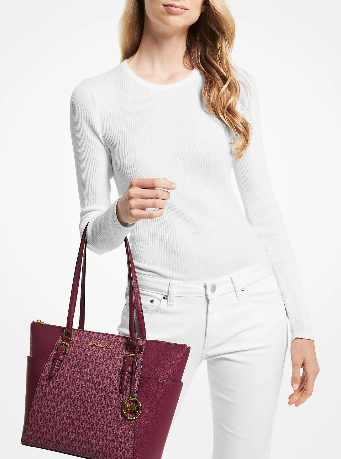 Michael Kors Draagtas Charlotte van leer met logo en rits aan bovenkant, groot Fashion