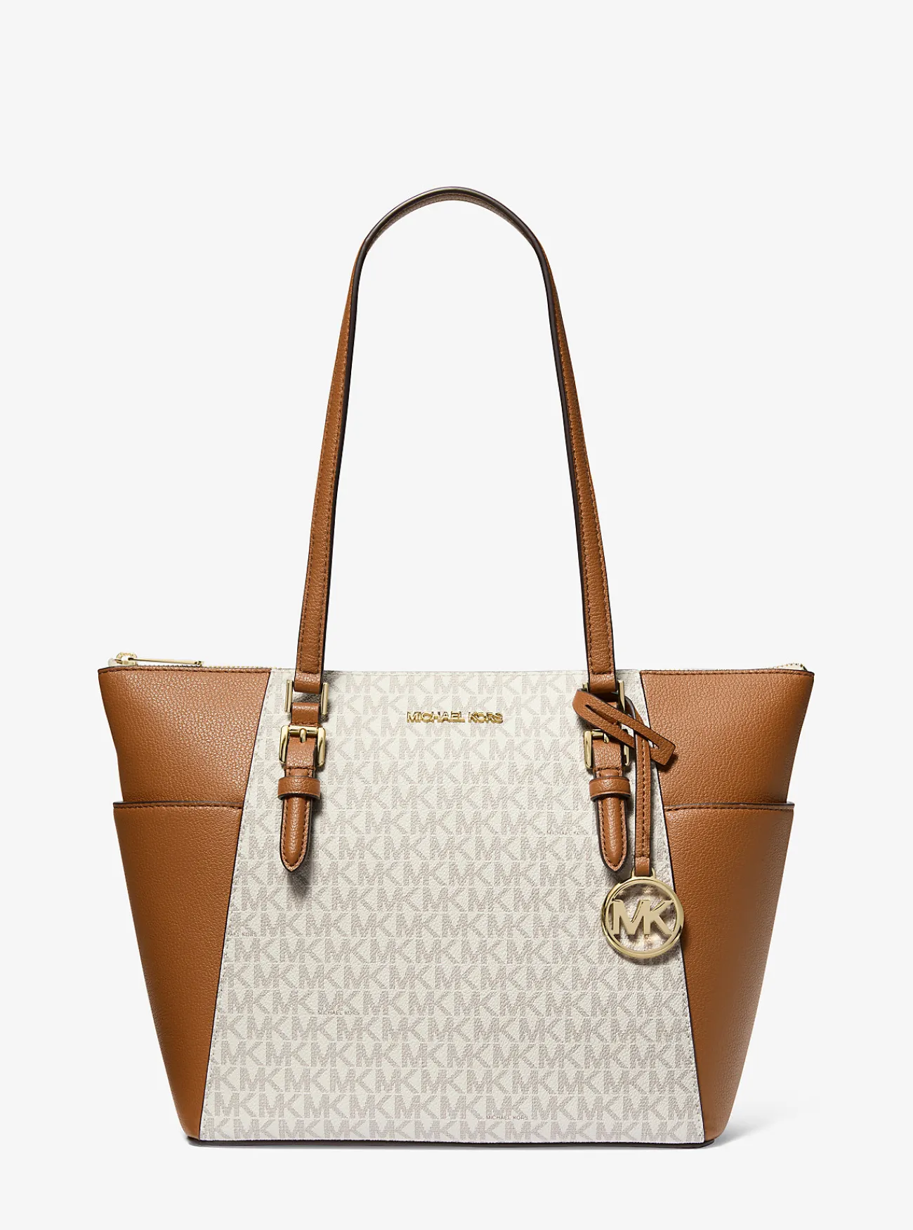 Michael Kors Draagtas Charlotte van leer met logo en rits aan bovenkant, groot VANILLE Outlet