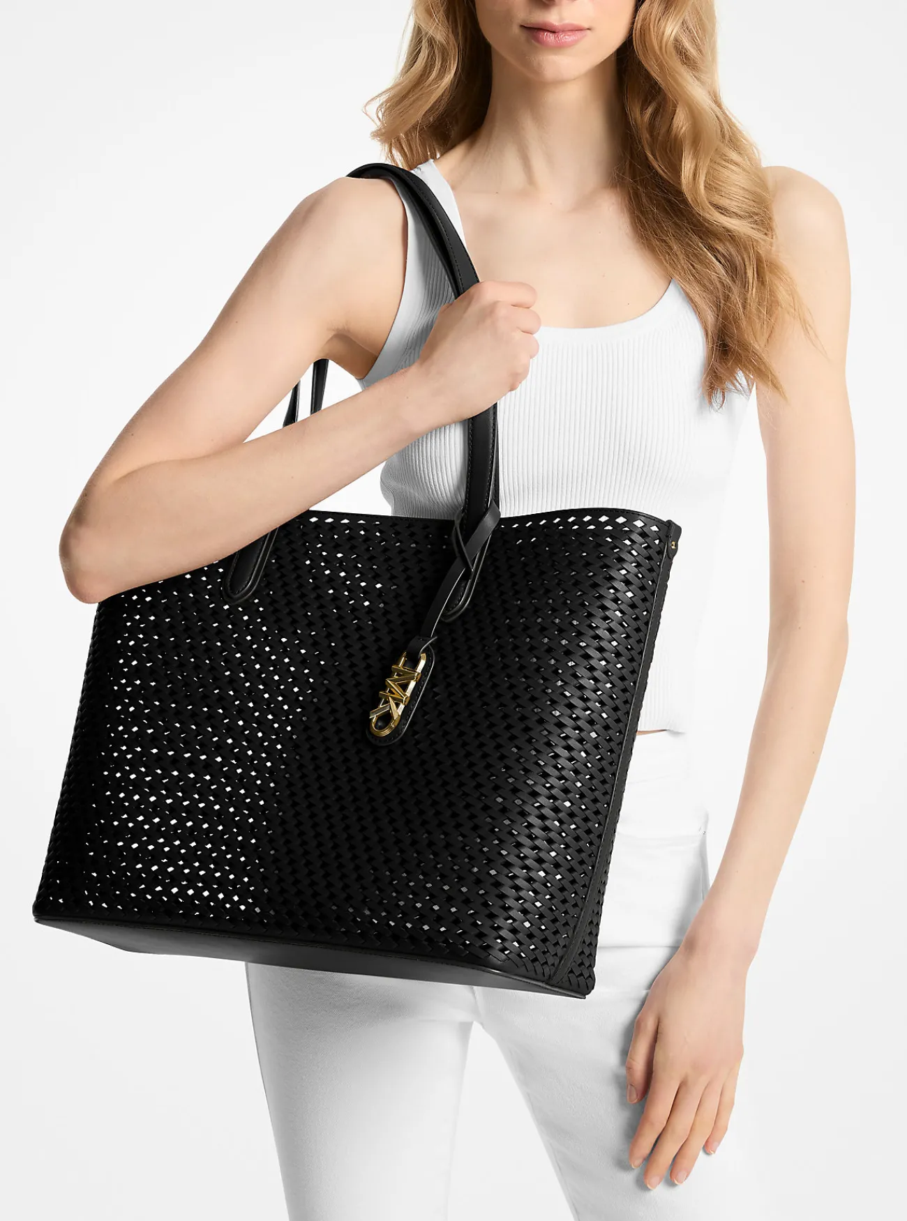 Michael Kors Draagtas Eliza van handgeweven leer, extra groot ZWART Outlet