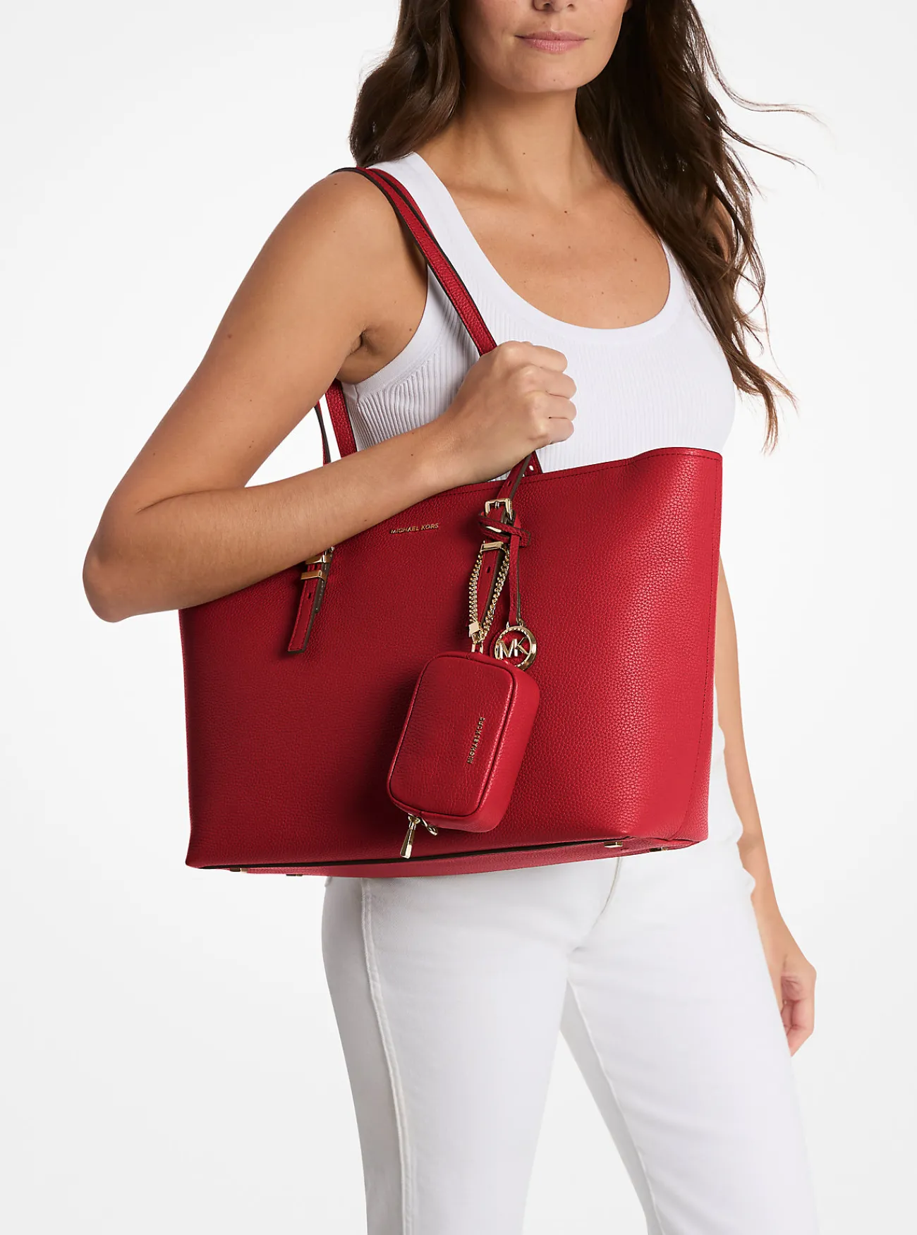 Michael Kors Draagtas Quinn van getrommeld leer, groot KARMOZIJNROOD Discount