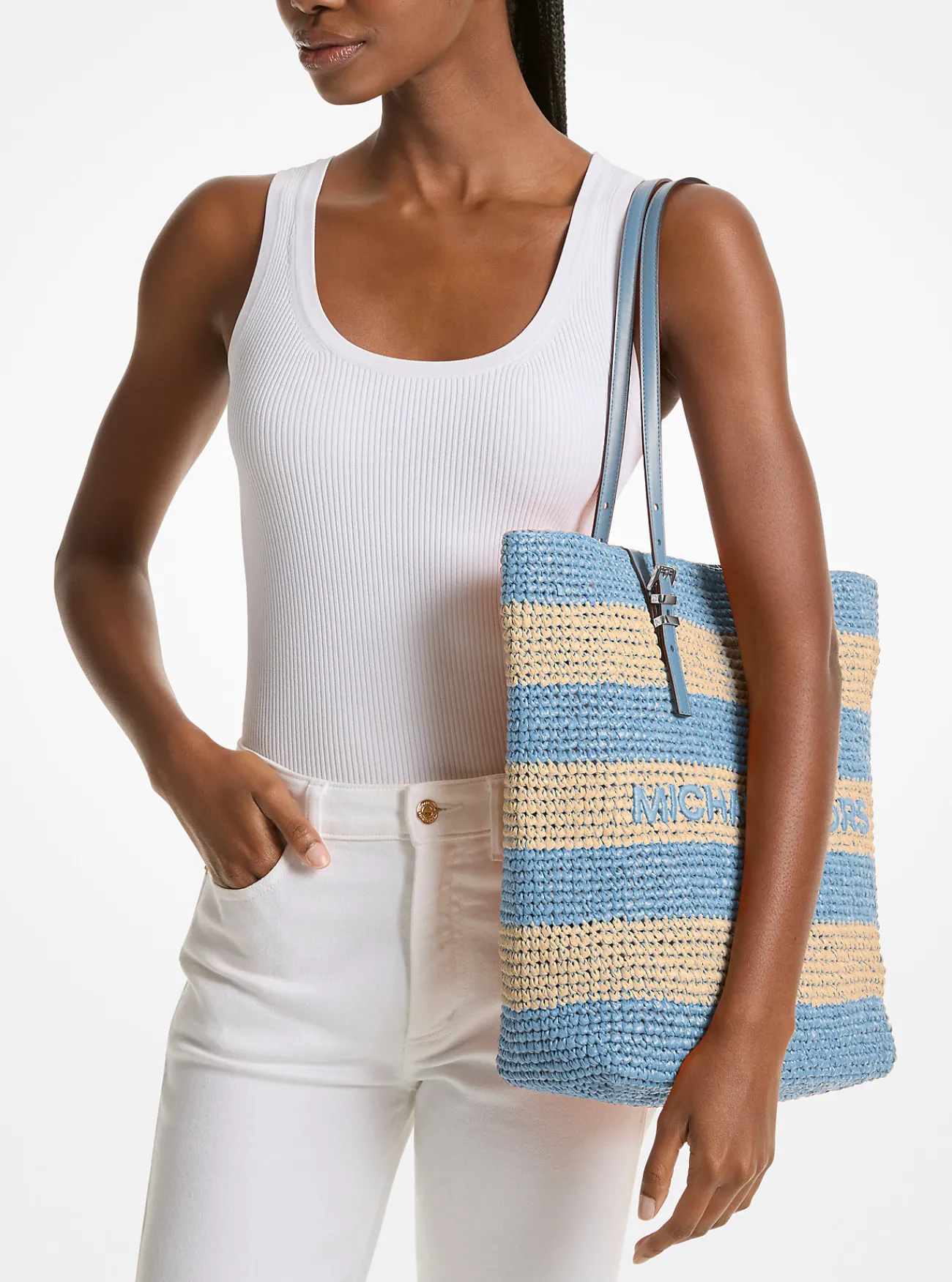 Michael Kors Draagtas Quinn van handgehaakt stro, groot CHAMBRAY New