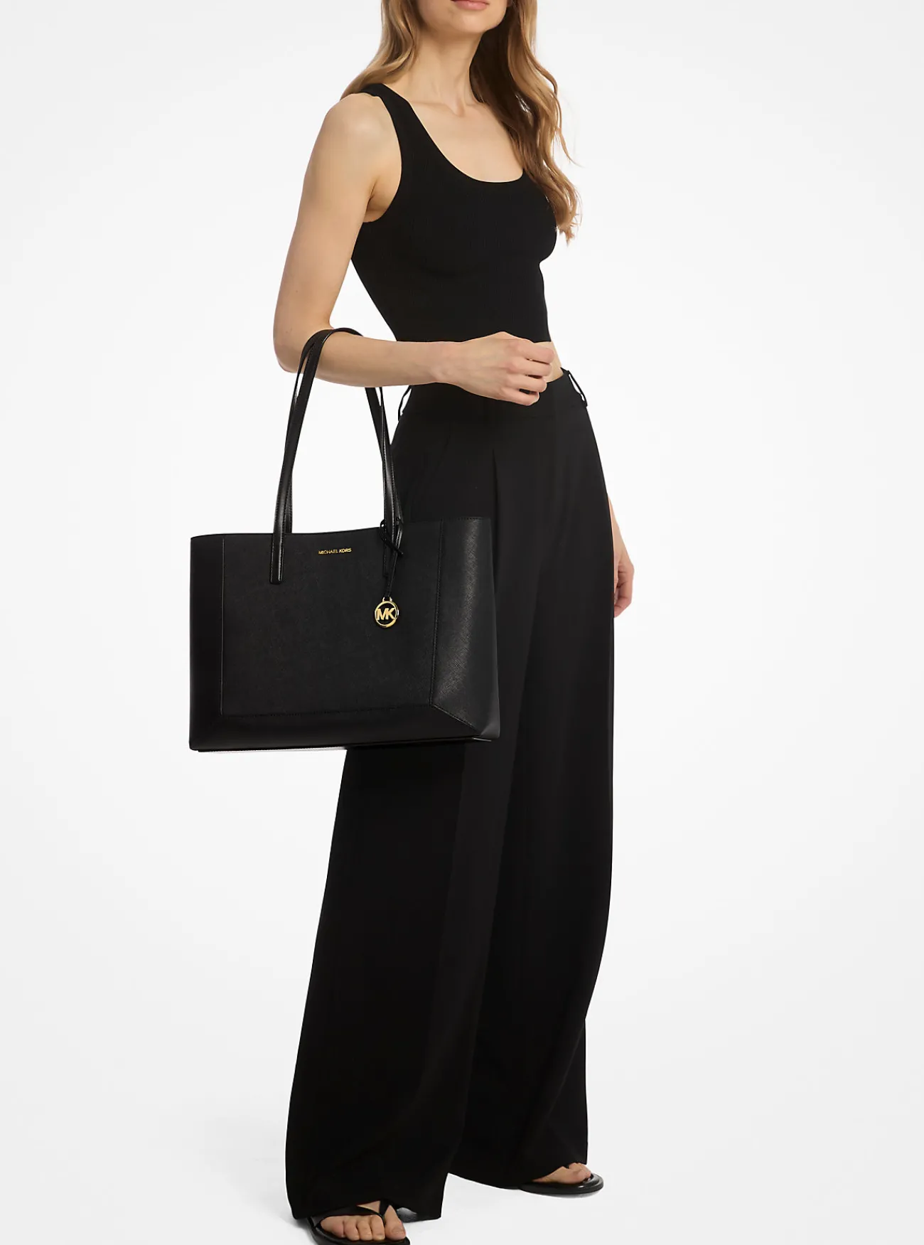 Michael Kors Draagtas Sallie van saffianoleer, groot ZWART Sale