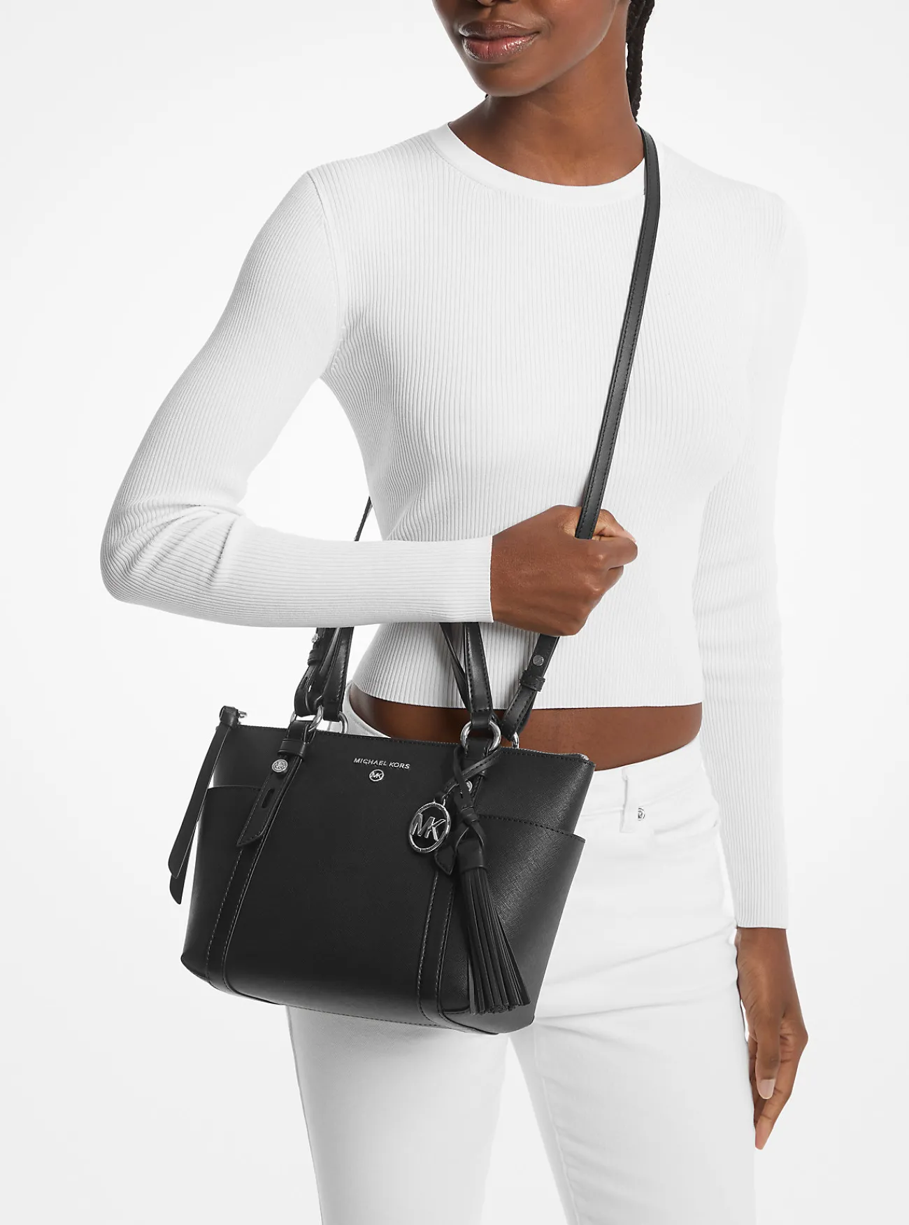 Michael Kors Draagtas Sullivan van saffianoleer met rits aan de bovenkant, klein ZWART Discount