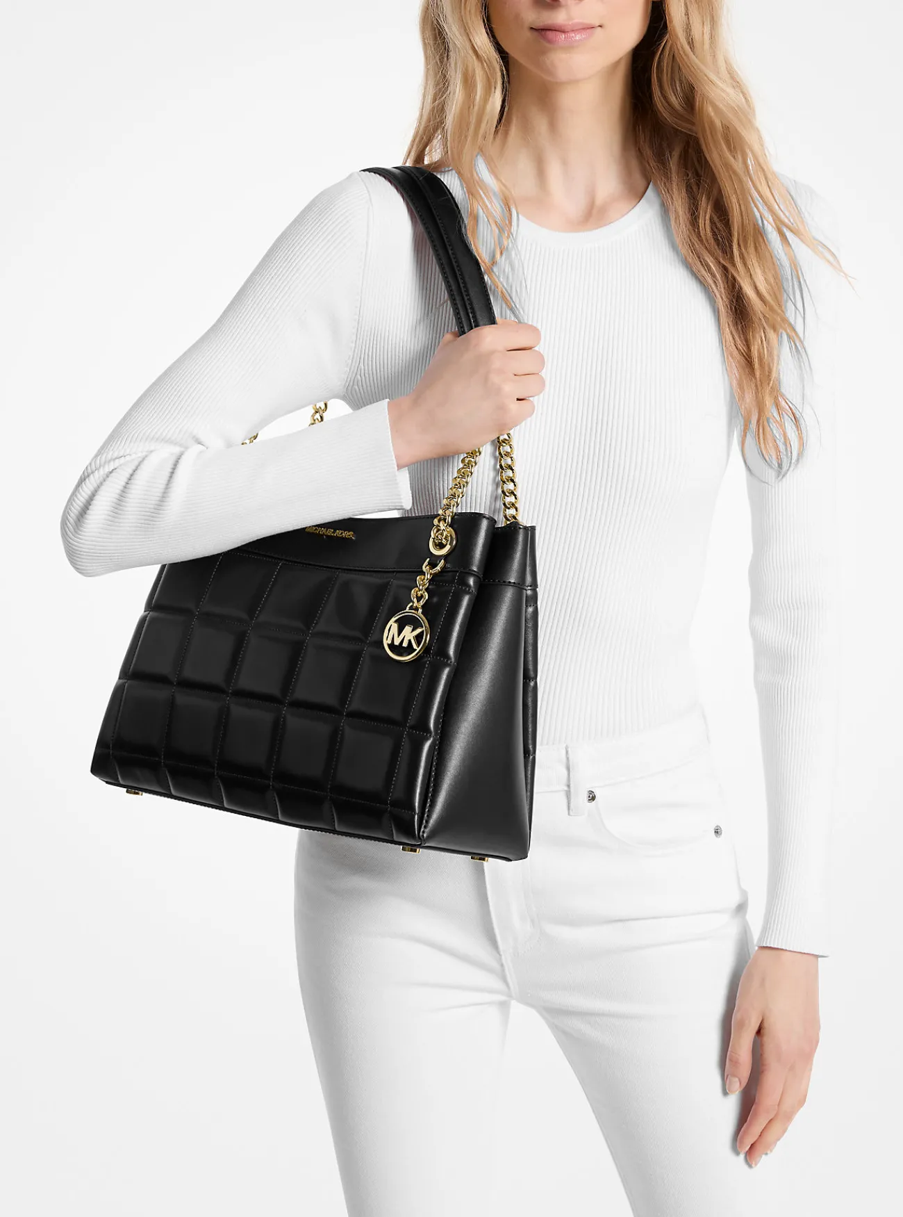 Michael Kors Draagtas Susan van doorgestikt leer, middelgroot ZWART Clearance