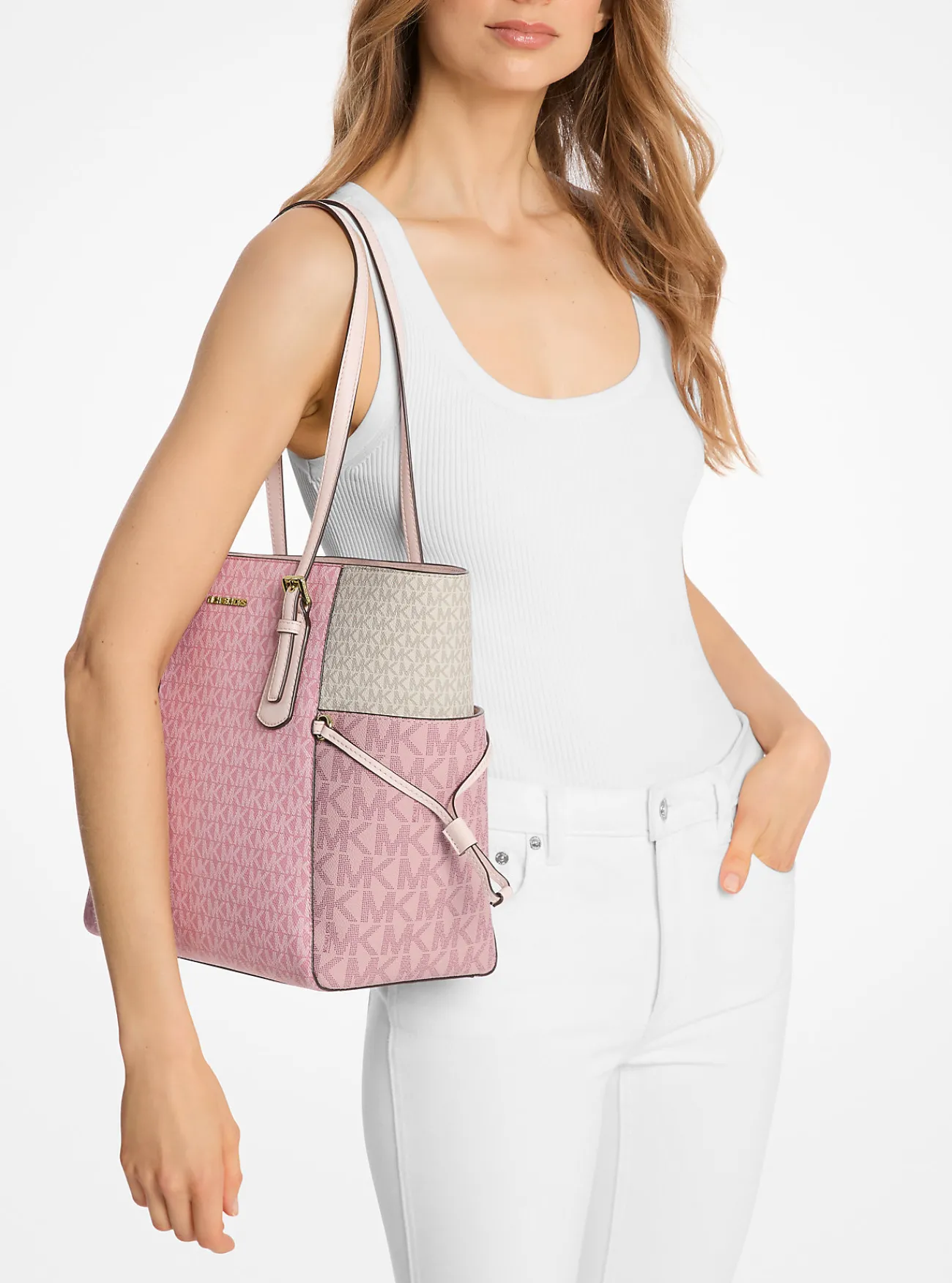 Michael Kors Draagtas Voyager met kleurvlakken en kenmerkend logo, groot POEDERROZEMULTI Fashion