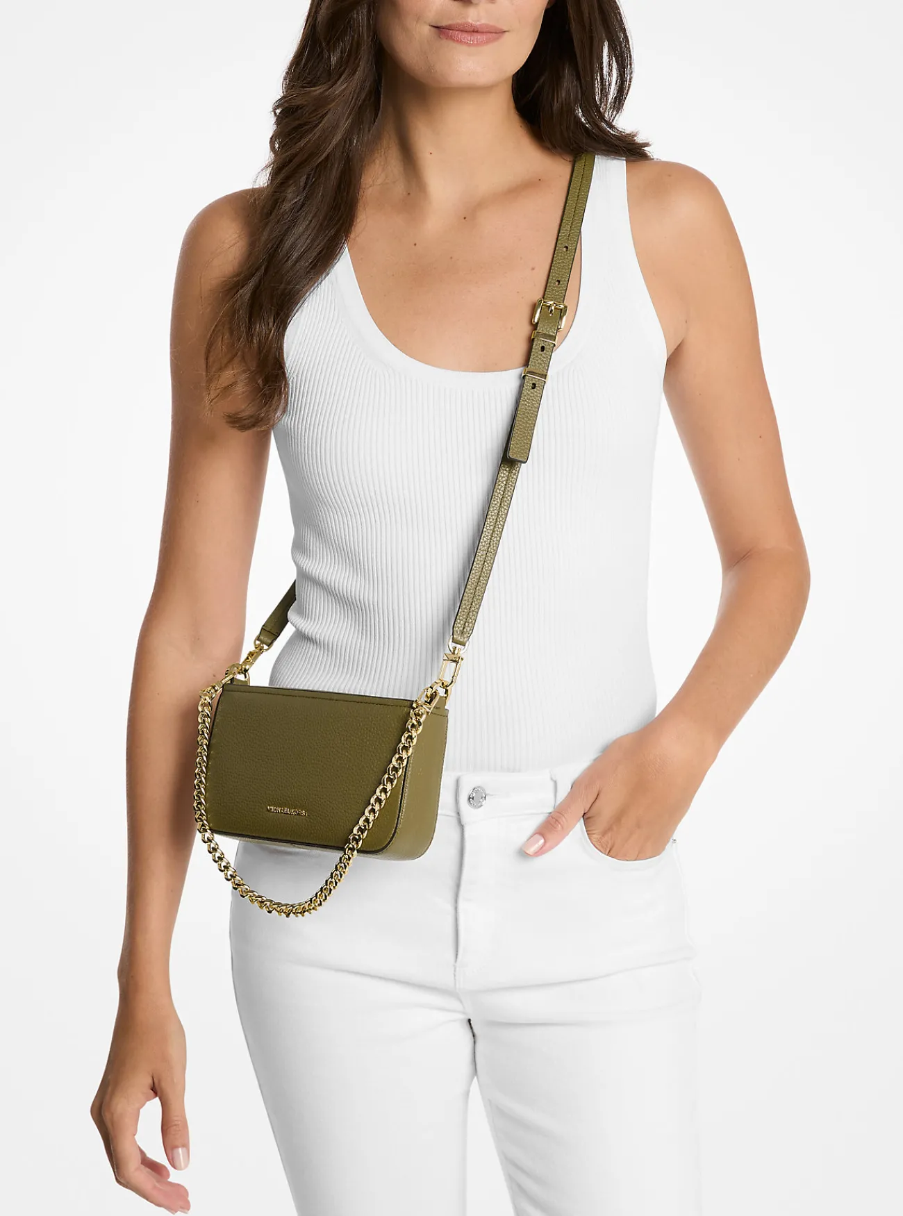 Michael Kors Enveloptas Bryant van getrommeld leer, aanpasbaar en klein SAFARIGROEN Discount