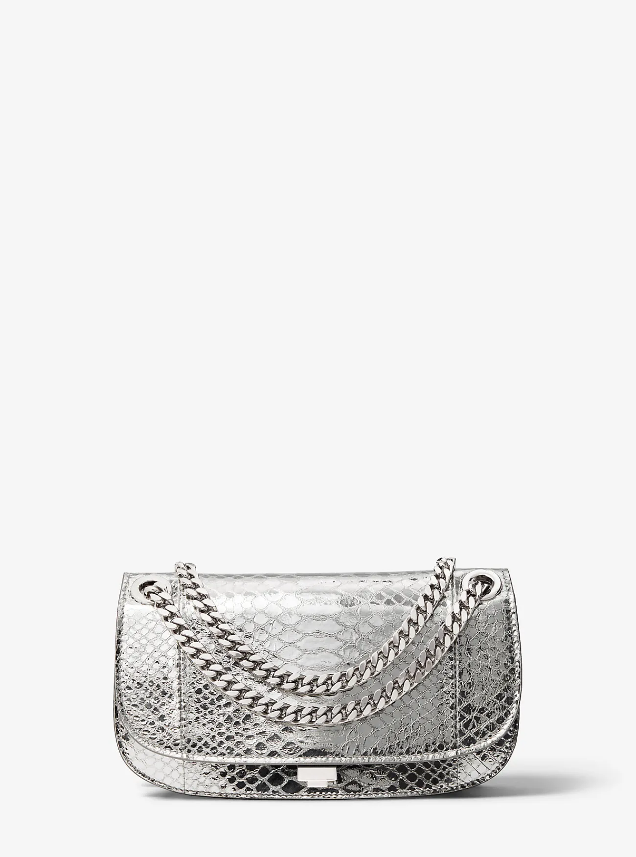 Michael Kors Enveloptas Christie van metallic leer met slangenprint in reli&euml;f, mini ZILVER Clearance