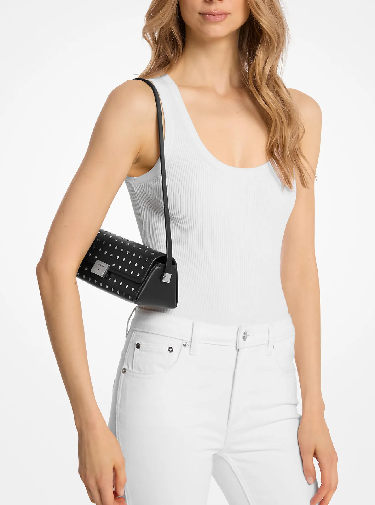 Michael Kors Enveloptas Ludlow van leer met studs, aanpasbaar en klein ZWART Sale
