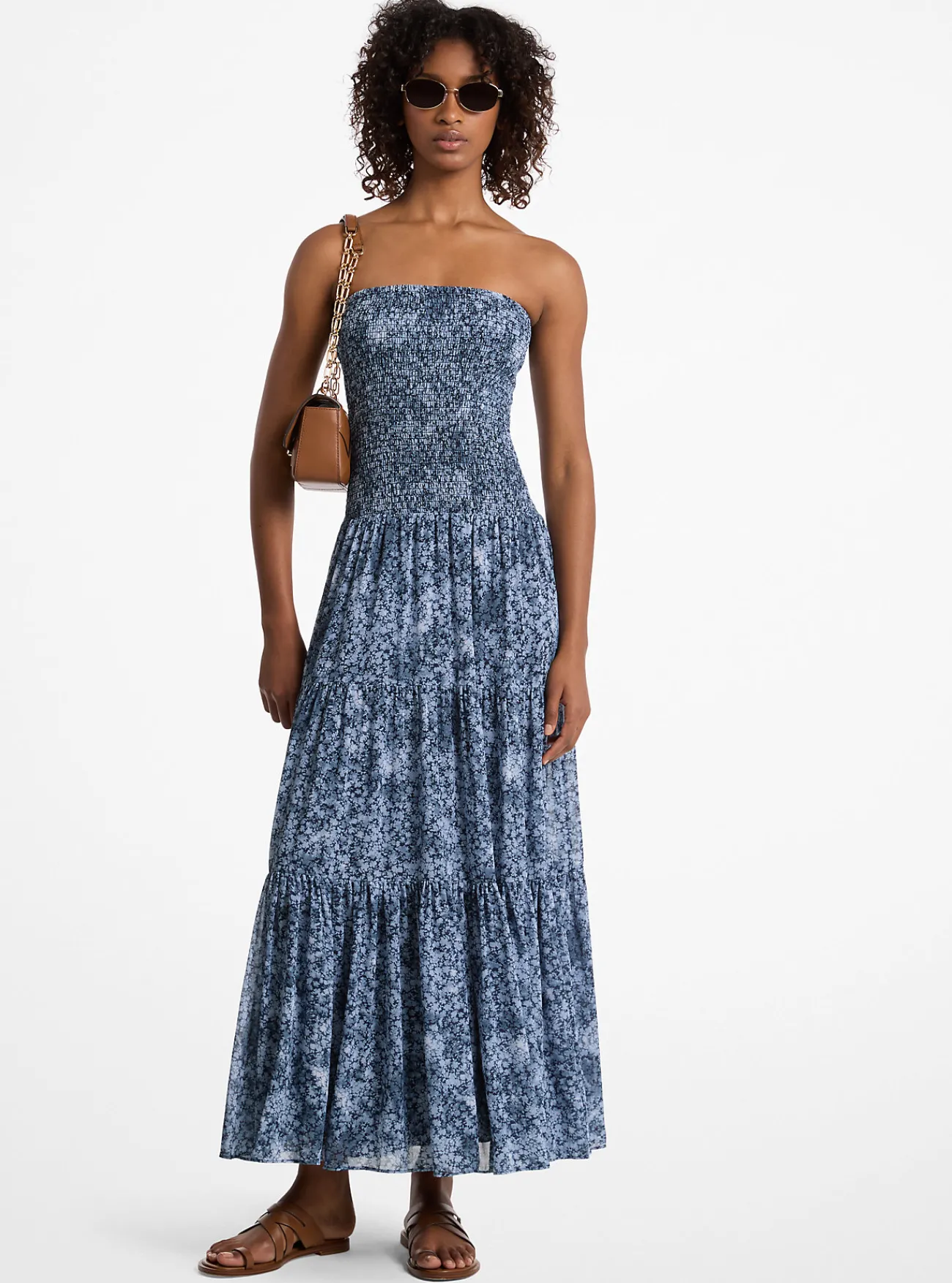 Michael Kors Gelaagde jurk van cr&ecirc;pe georgette met bloemenprint en smokwerk MIDNIGHTBLUE Sale