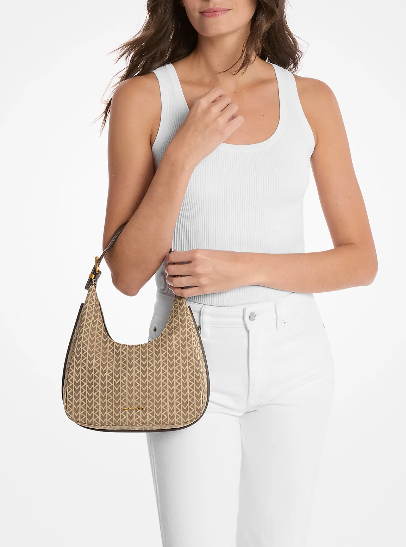 Michael Kors Hobo-schoudertas Nolita van MK2000-jacquard met logo, klein NATUREL Sale