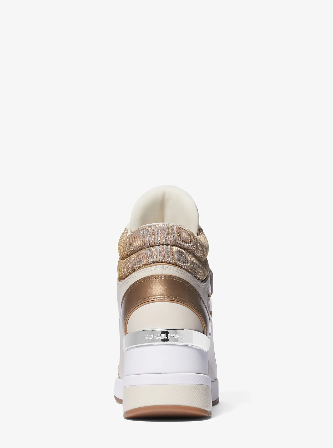 Michael Kors Hoge sneaker Gentry van leer en glittermesh met sleehak CAMELCOMBO New