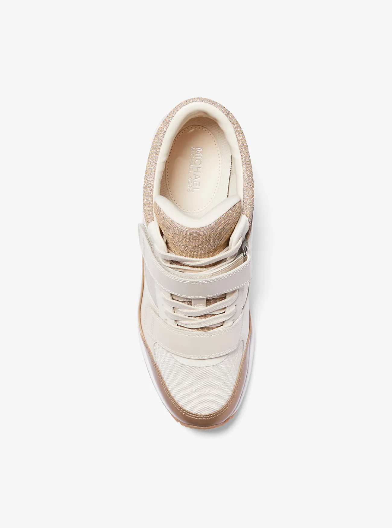 Michael Kors Hoge sneaker Gentry van leer en glittermesh met sleehak CAMELCOMBO New