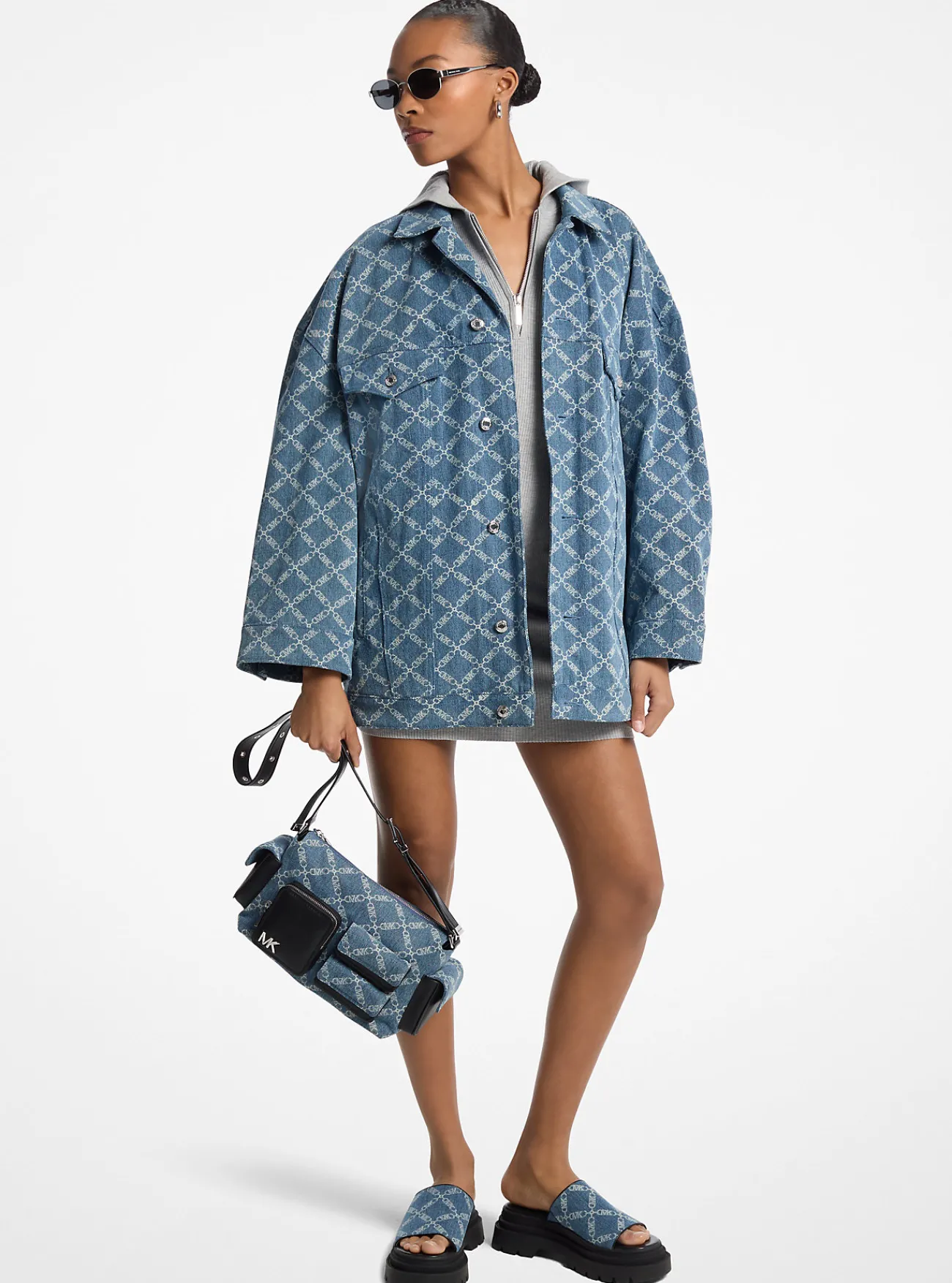 Michael Kors Jack van denim jacquard met ruitvormige Empire-print, oversized UNIONMETWASSING Hot