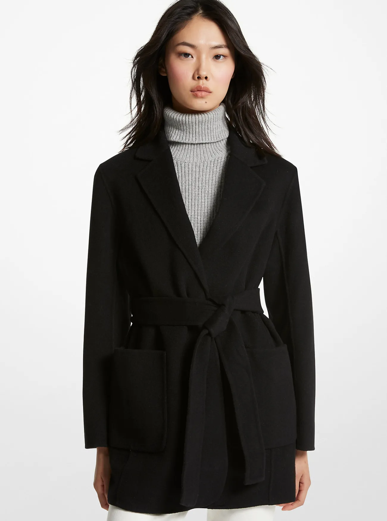 Michael Kors Jas van doubleface wolmix met riem ZWART Outlet