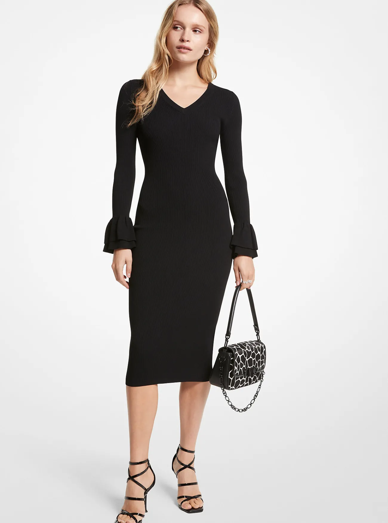 Michael Kors Jurk van geribde viscosemix met manchetten met ruches ZWART Discount