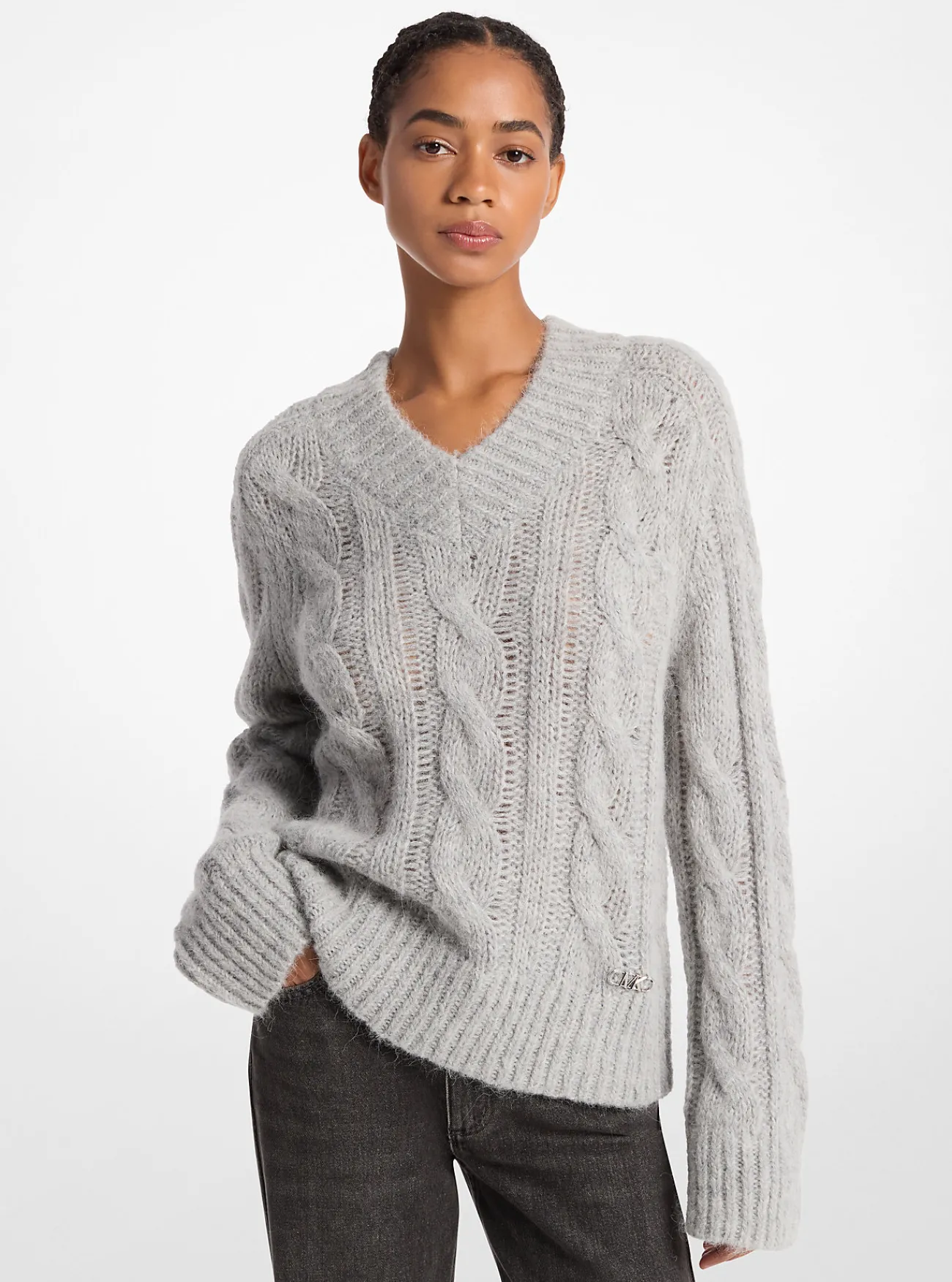 Michael Kors Kabelgebreide sweater van alpacawolmix PARELGEM&Ecirc;LEERD Sale