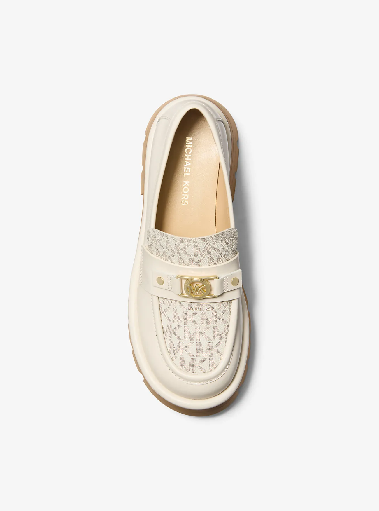 Michael Kors Loafer Mandy van leer en canvas met kenmerkend logo en plateauzool VANILLECOMBO Discount