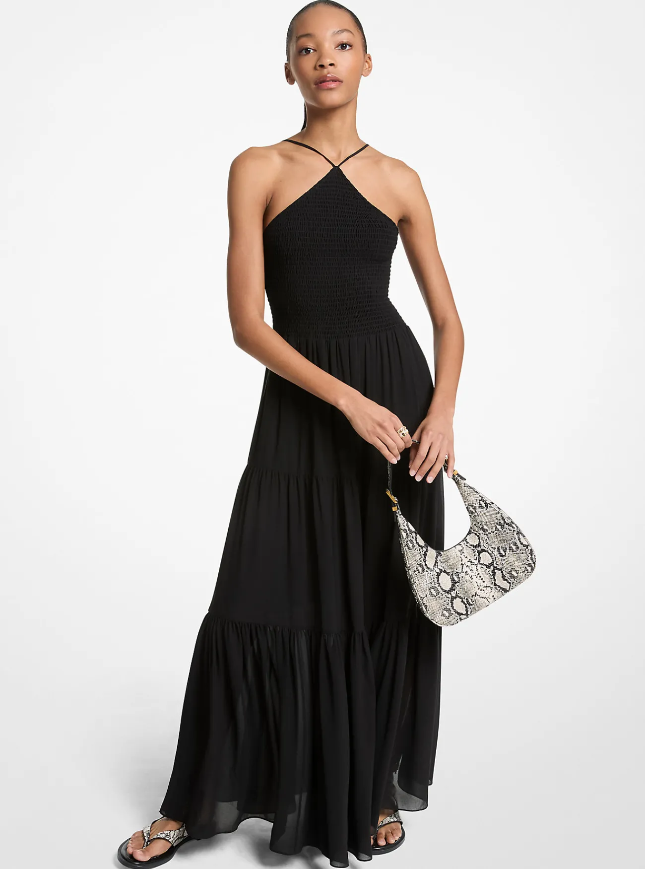 Michael Kors Maxi-halterjurk van cr&ecirc;pe georgette met smokwerk ZWART Fashion