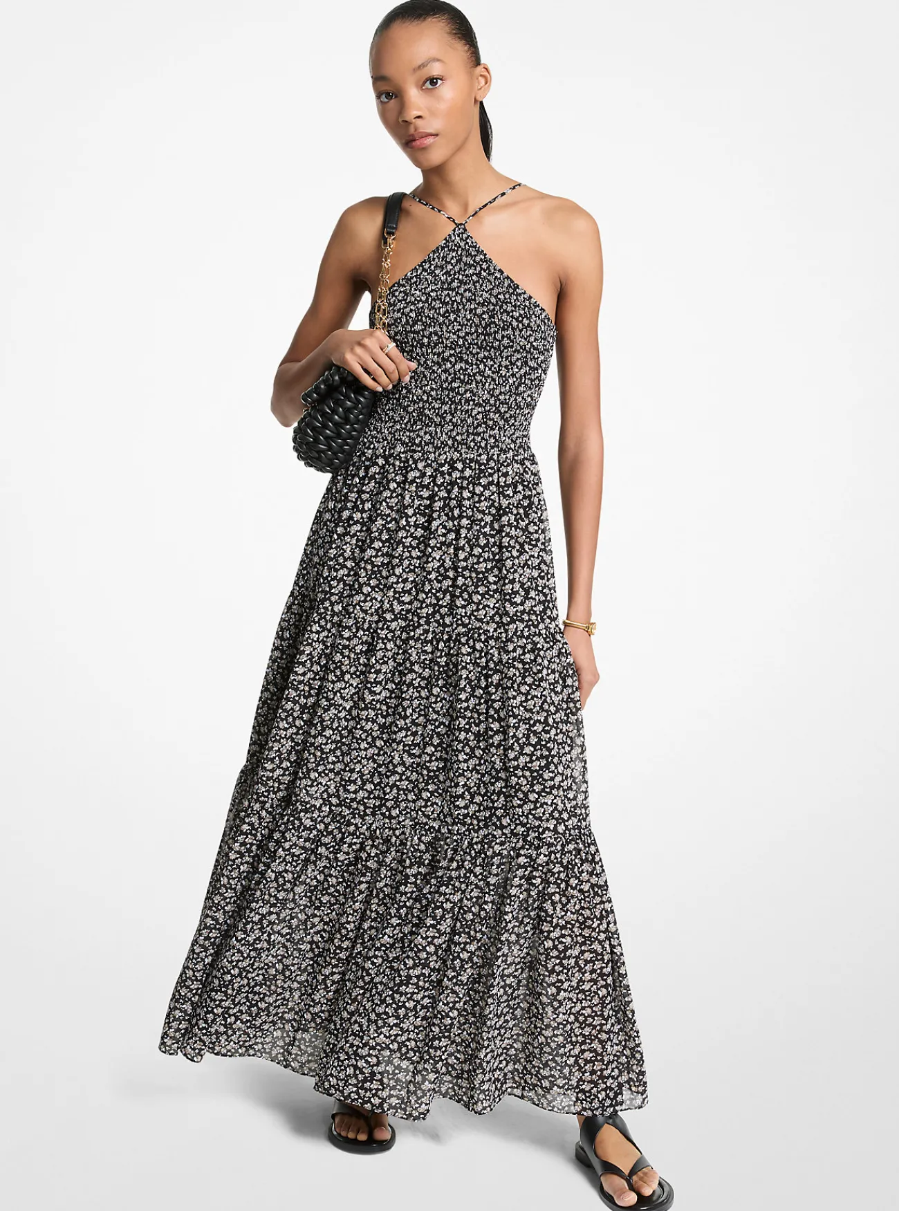 Michael Kors Maxi-halterjurk van cr&ecirc;pe georgette met smokwerk en bloemenprint TAUPE Hot