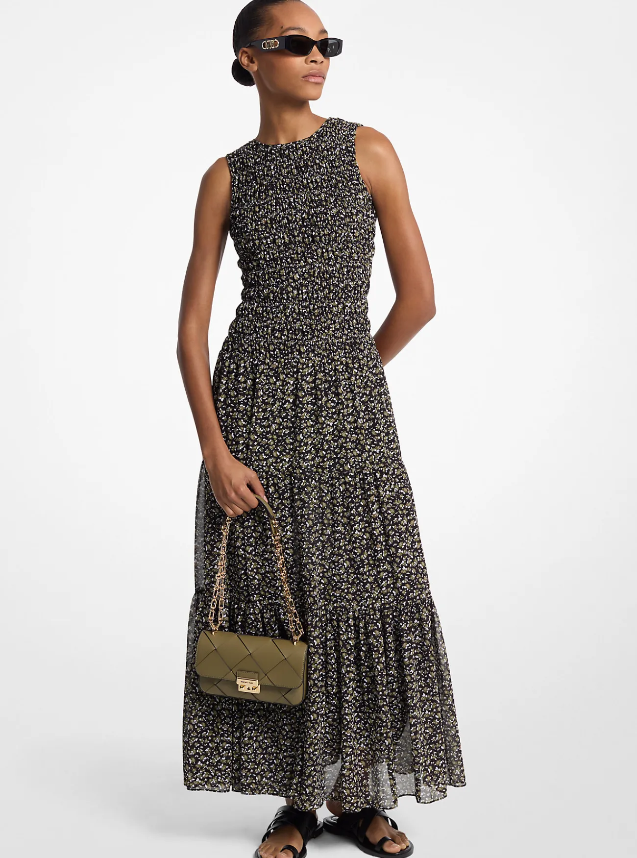 Michael Kors Maxi-jurk van cr&ecirc;pe georgette met smokwerk en bloemenprint EVERGREEN Hot
