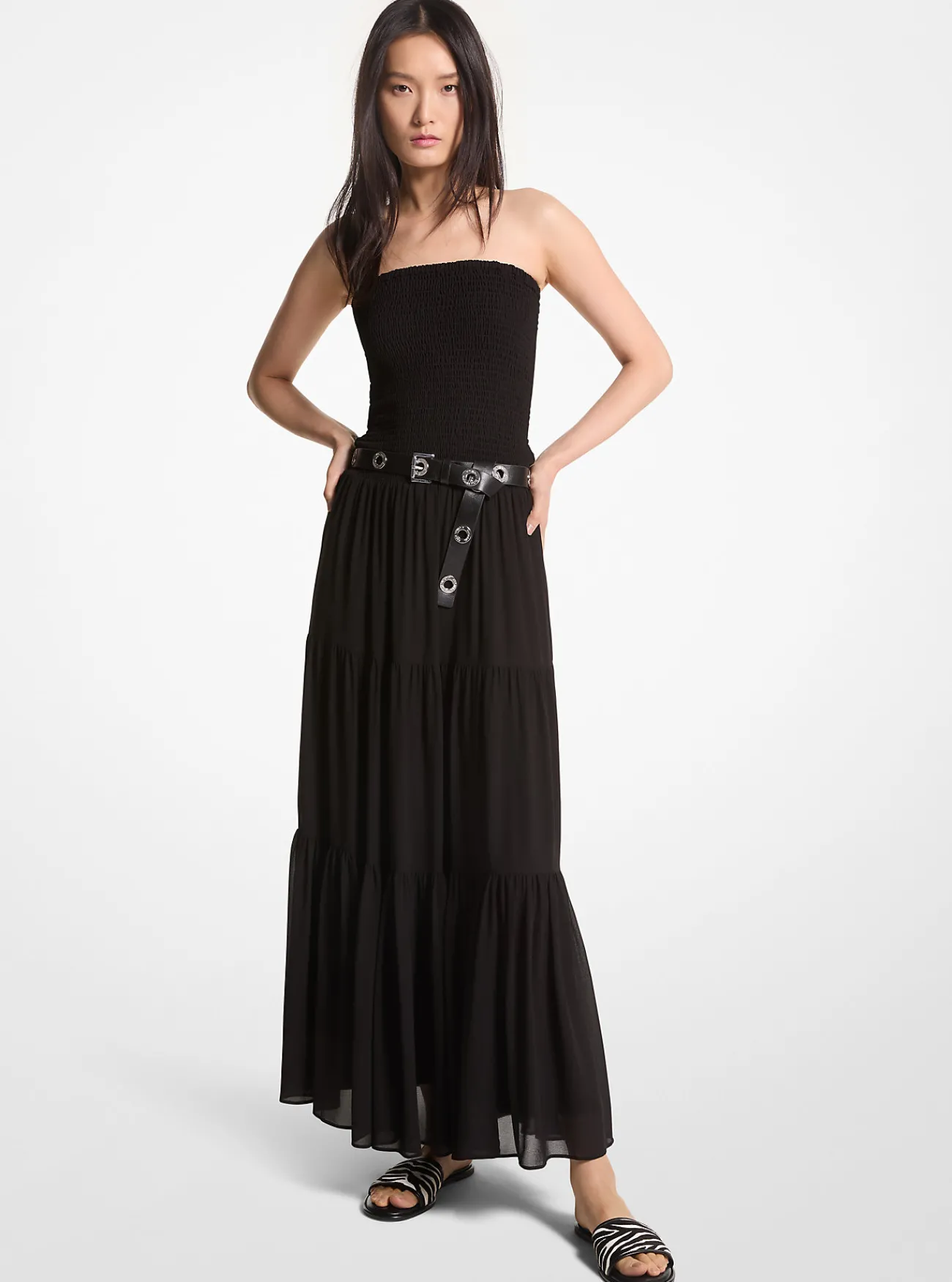 Michael Kors Maxi-jurk van cr&ecirc;pe georgette met smokwerk en stroken ZWART Clearance