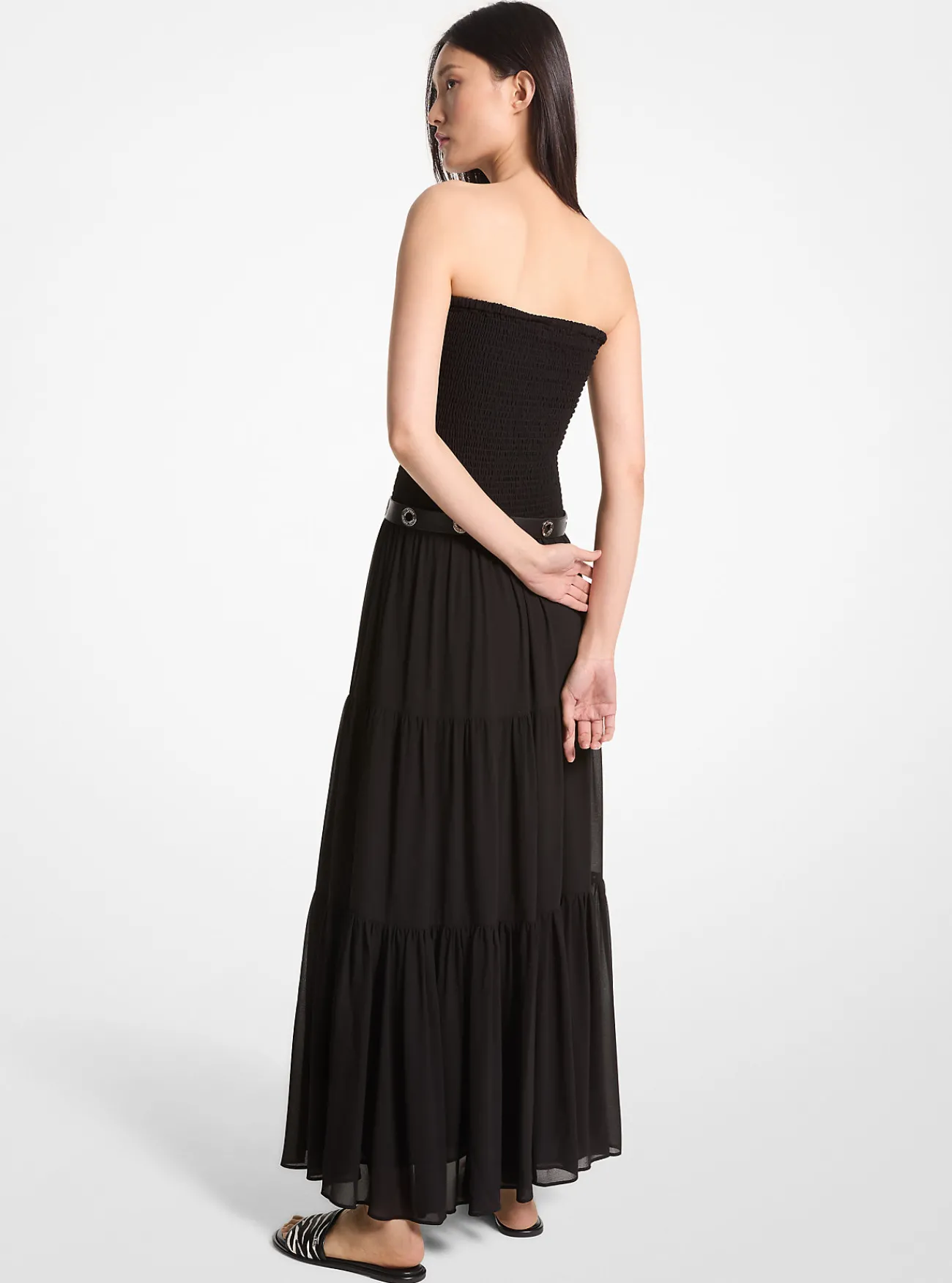 Michael Kors Maxi-jurk van cr&ecirc;pe georgette met smokwerk en stroken ZWART Clearance