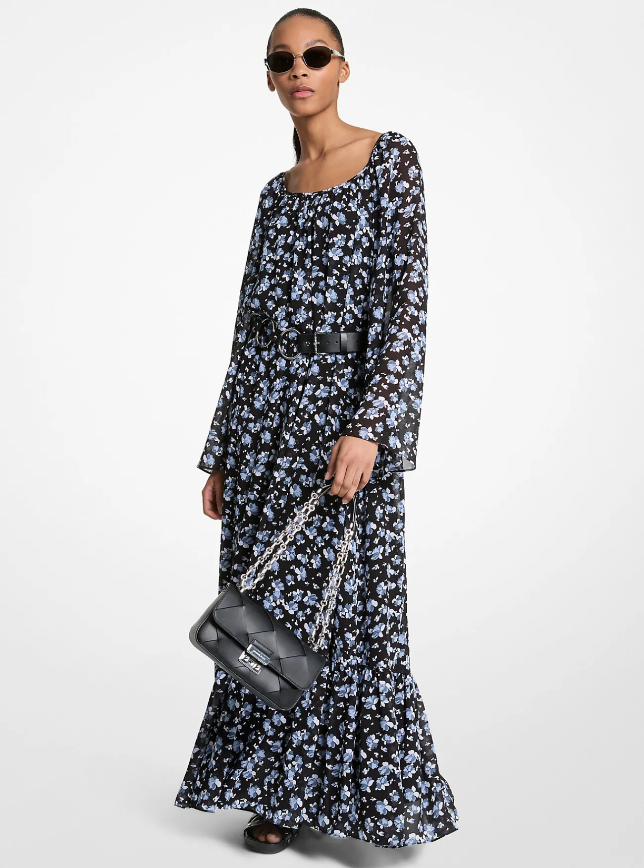Michael Kors Maxi-jurk van cr&ecirc;pe georgette met bloemenprint en riem CHAMBRAY Sale