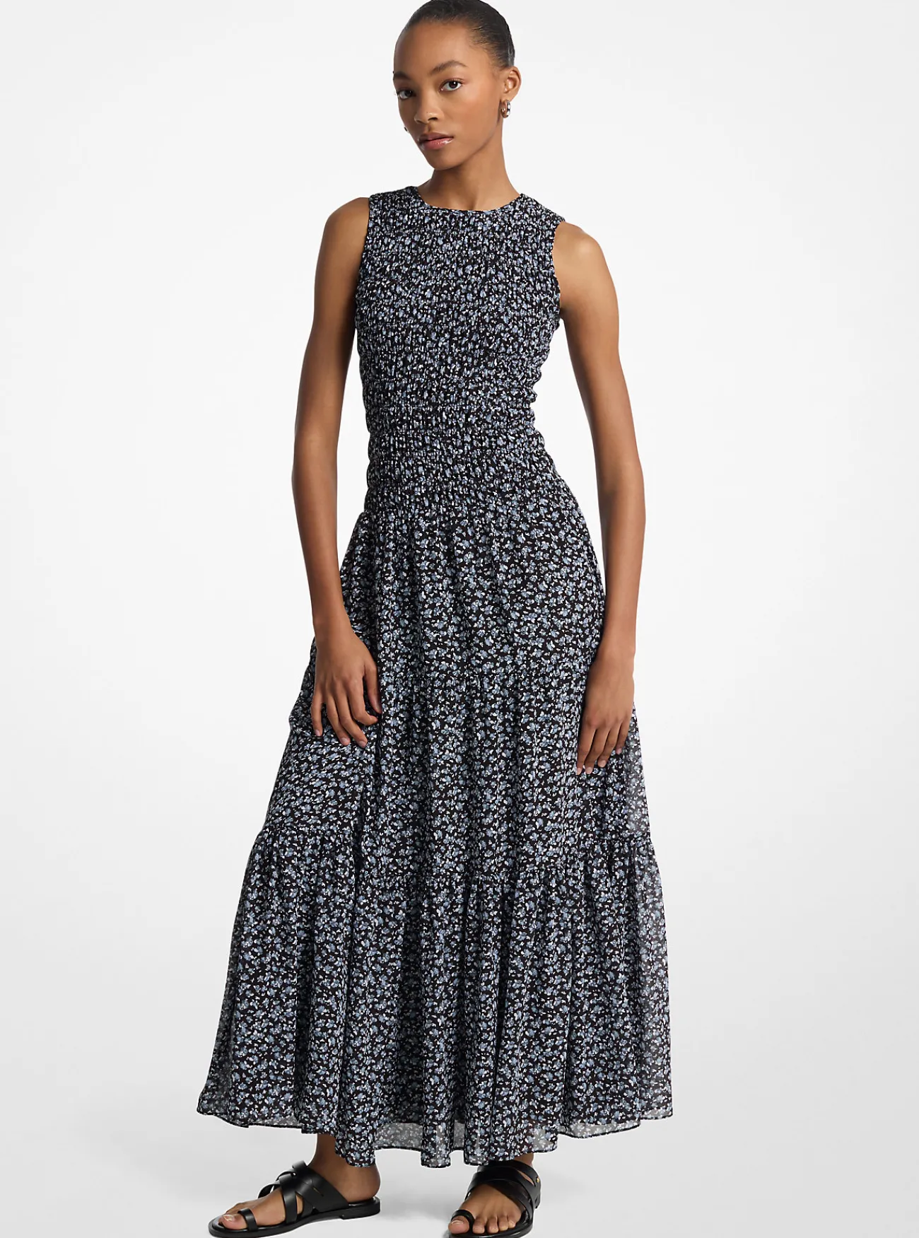 Michael Kors Maxi-jurk van cr&ecirc;pe georgette met smokwerk en bloemenprint CHAMBRAY Fashion