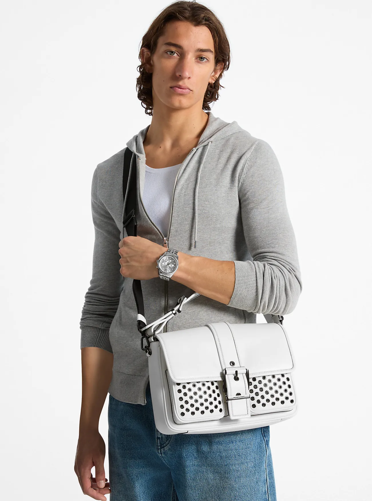 Michael Kors Messengertas Colby van leer met oogjes, middelgroot Online