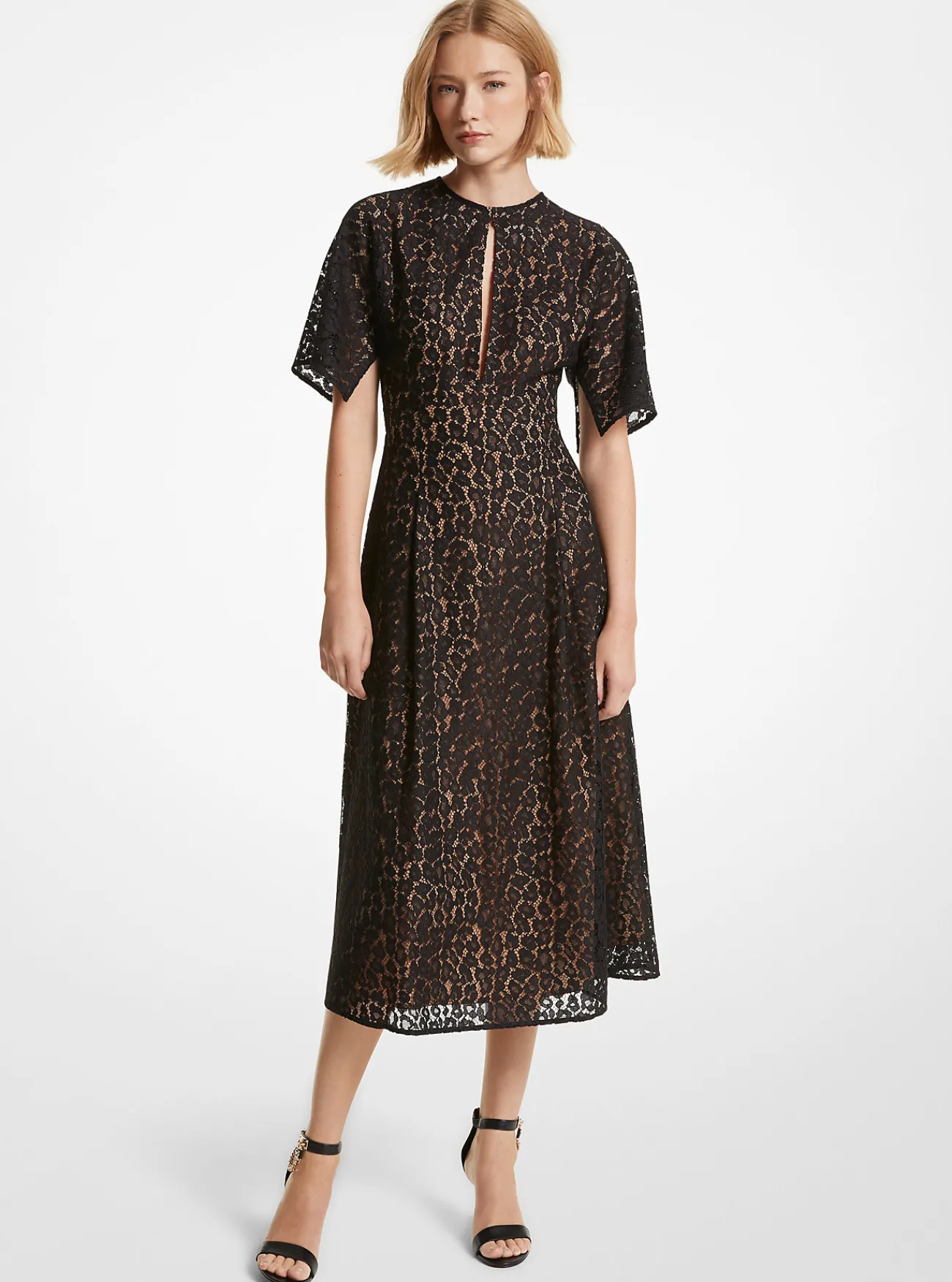 Michael Kors Midi-jurk van kant met koord en luipaardmotief ZWART Clearance