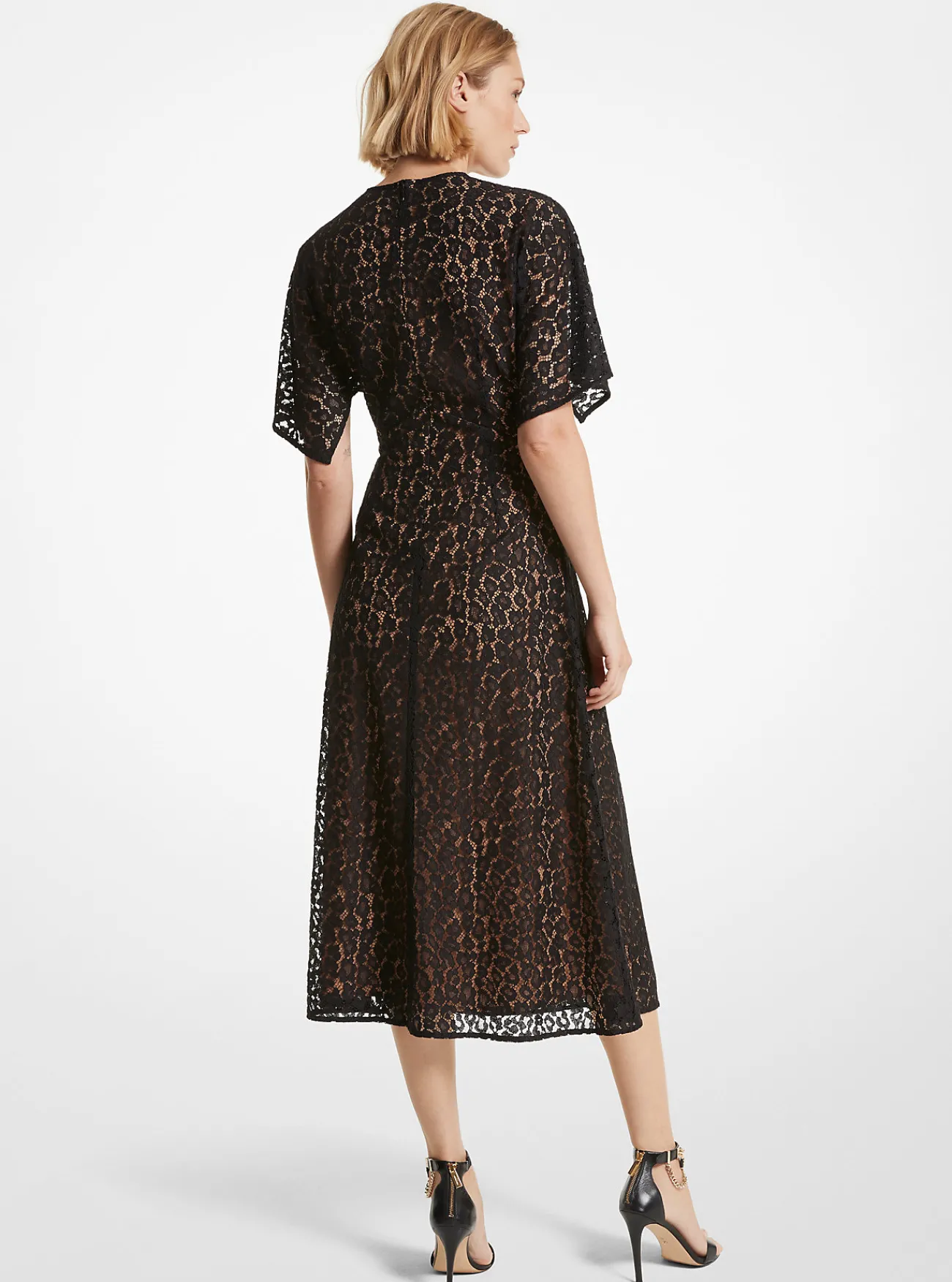 Michael Kors Midi-jurk van kant met koord en luipaardmotief ZWART Clearance