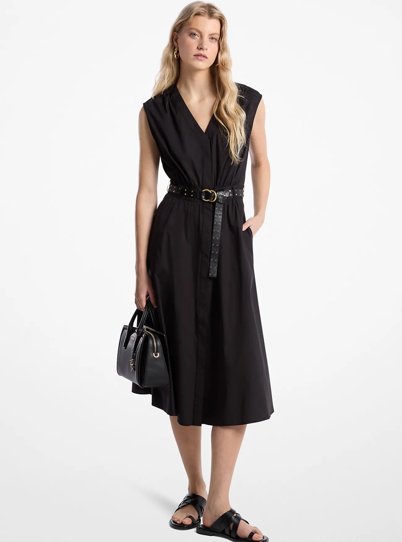 Michael Kors Midi-jurk van katoenpopeline met stretch en riem ZWART Outlet